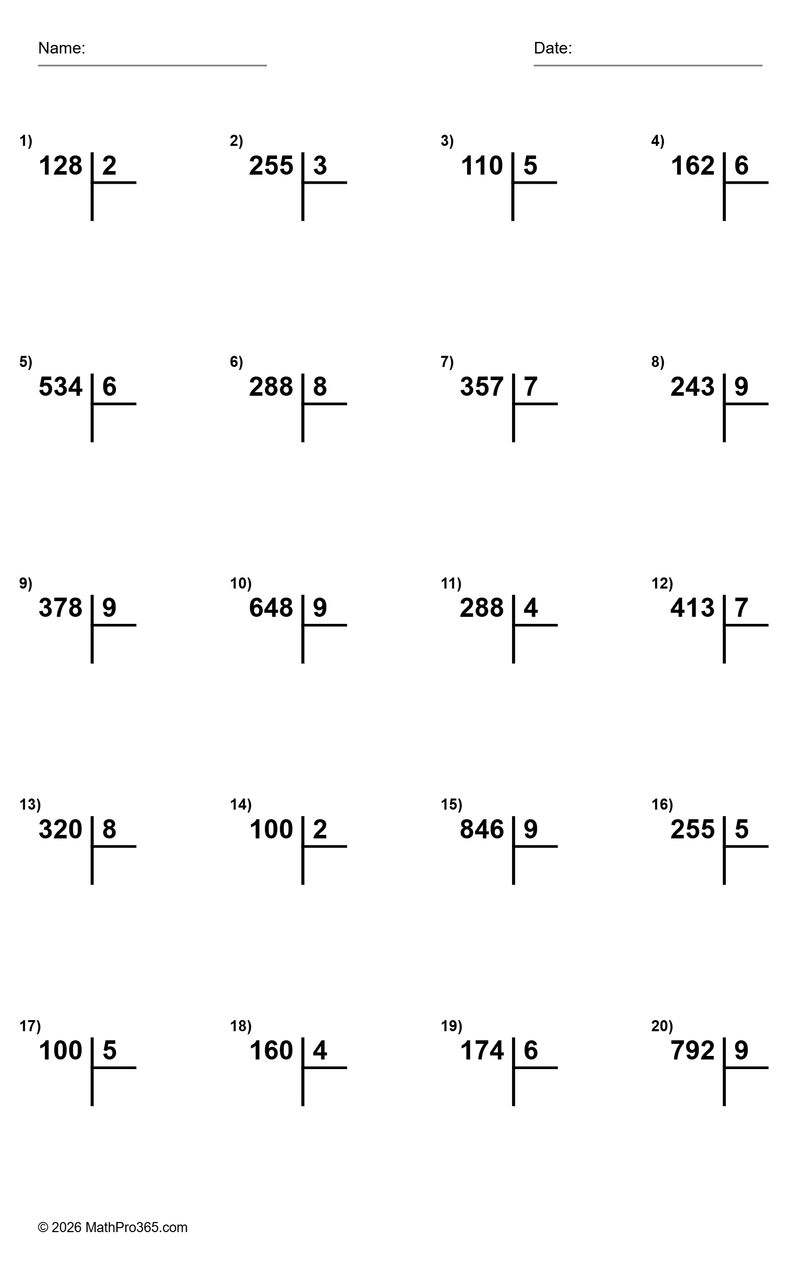 Division 3-Digit by 1-Digit Worksheets Grade 4 Free PDF