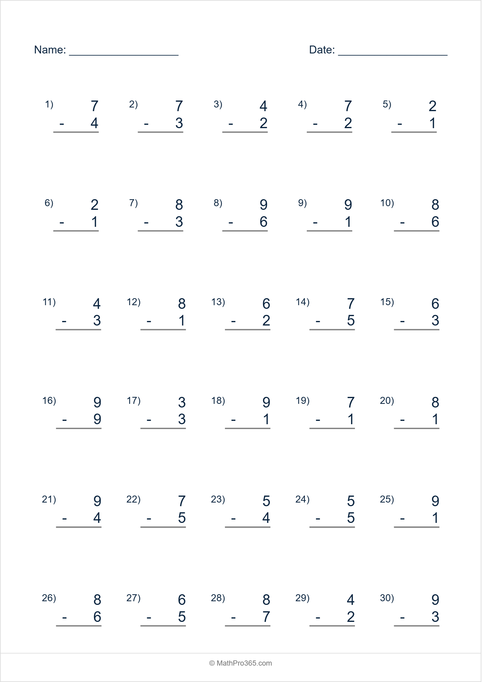 1 Digit (1-9) Minus 1 Digit (1-9) Subtraction Worksheet Grade 1 Sheet 2 Free PDF