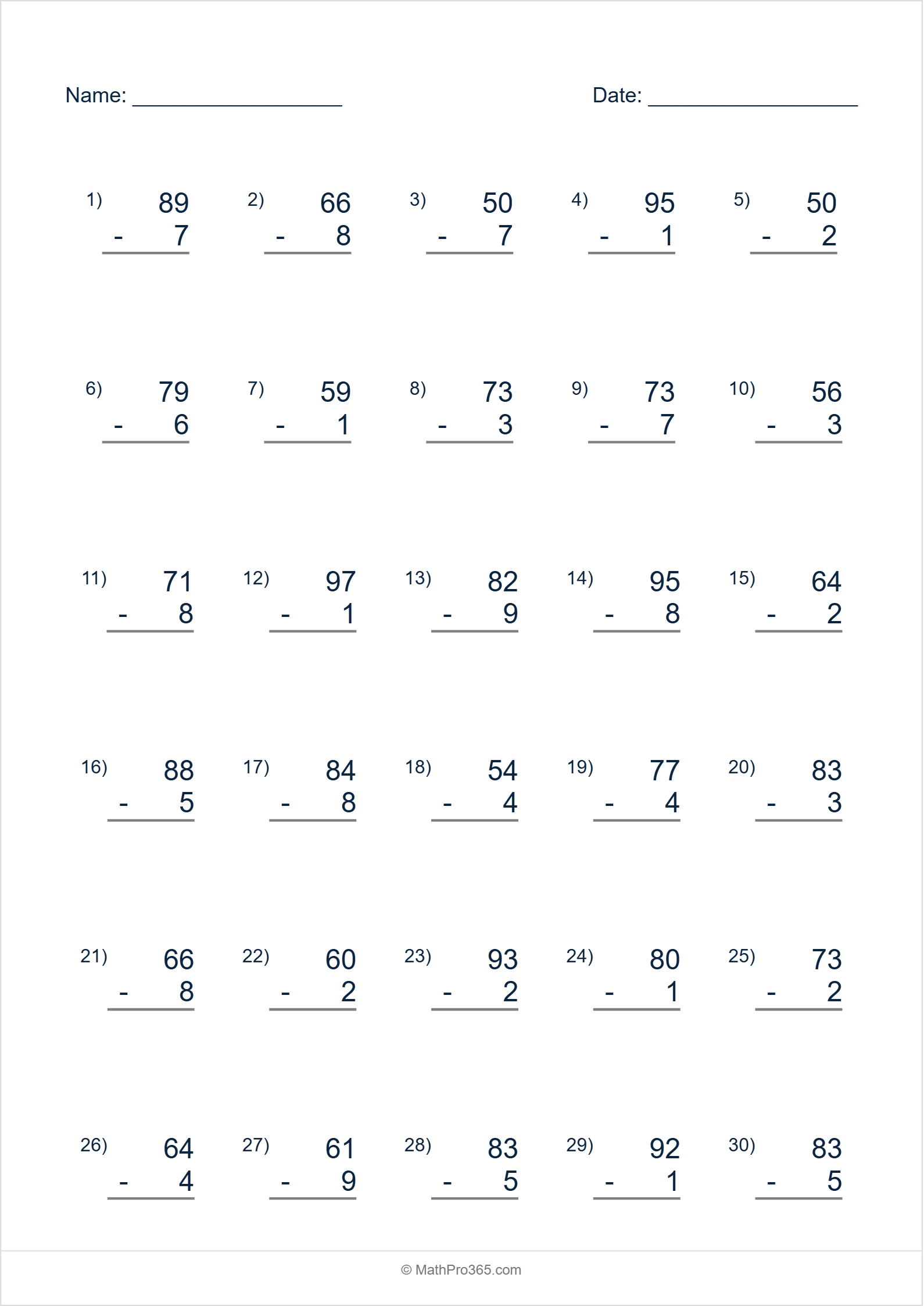 2 Digit (50-99) Minus 1 Digit (1-9) Subtraction Worksheet Grade 1 Sheet 2 Free PDF