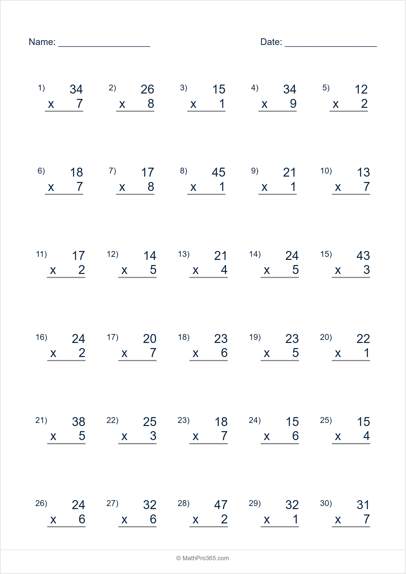 2 Digit (10-50) Times 1 Digit (1-9) Multiplication Worksheet Grade 2 Sheet 5 Free PDF