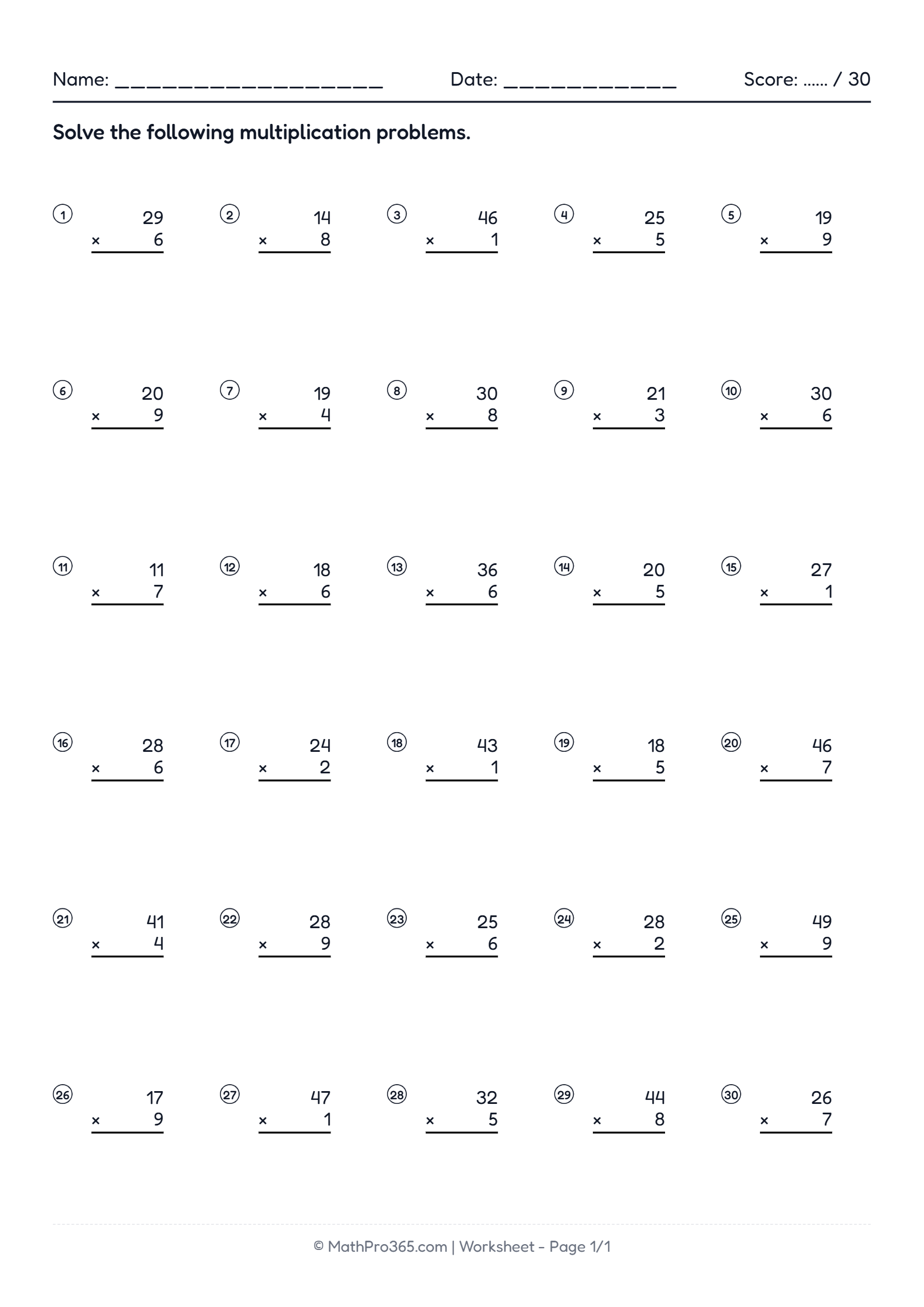 2 Digit (10-50) Times 1 Digit (1-9) Multiplication Worksheet Grade 2 Sheet 9 Free PDF