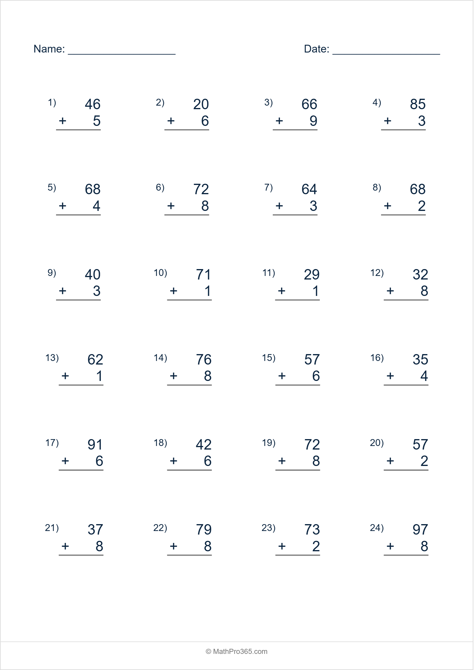2 Digit (10-99) Plus 1 Digit (1-9) Addition Worksheet Grade 1 Sheet 4 Free PDF
