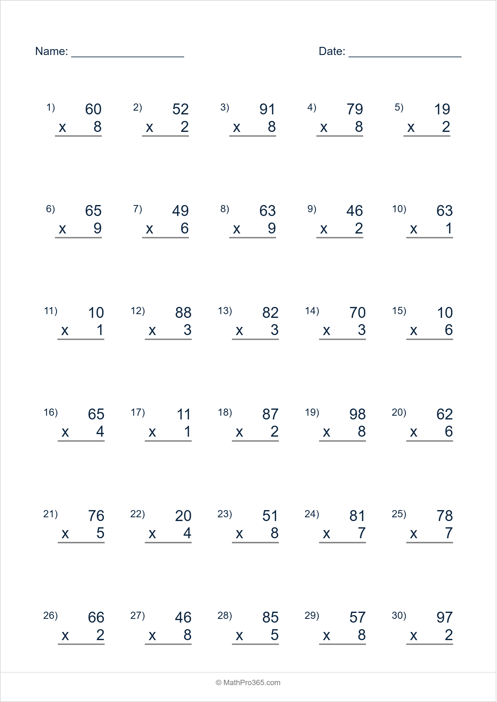 2 Digit (10-99) Times 1 Digit (1-9) Multiplication Worksheet Grade 2 Sheet 4 Free PDF