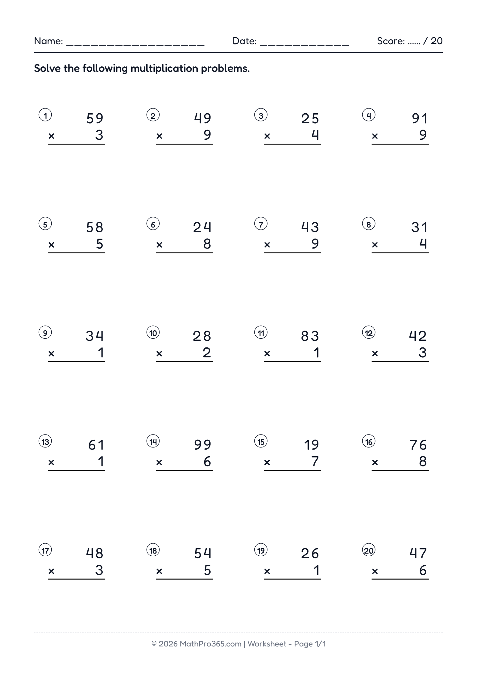 2 Digit (10-99) Times 1 Digit (1-9) Multiplication Worksheet Grade 2 Sheet 8 Free PDF