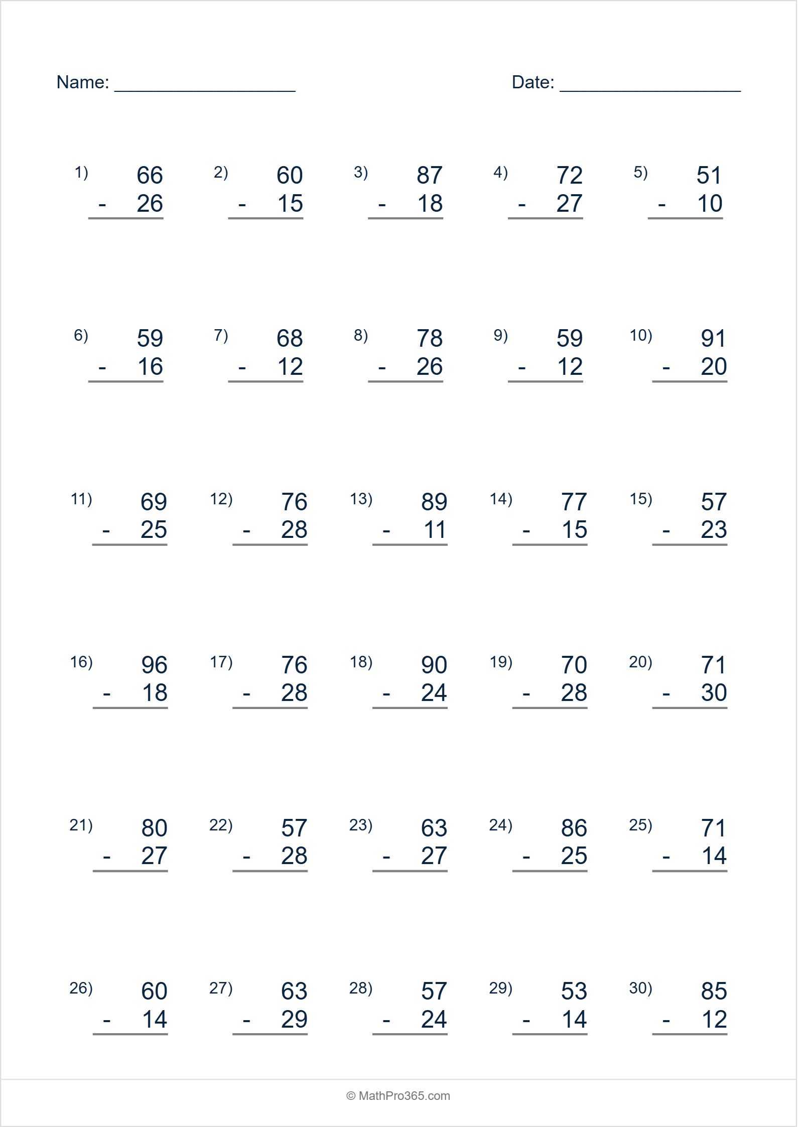 2 Digit (50-99) Minus 2 Digit (10-30) Subtraction Worksheet Grade 2 Sheet 14 Free PDF