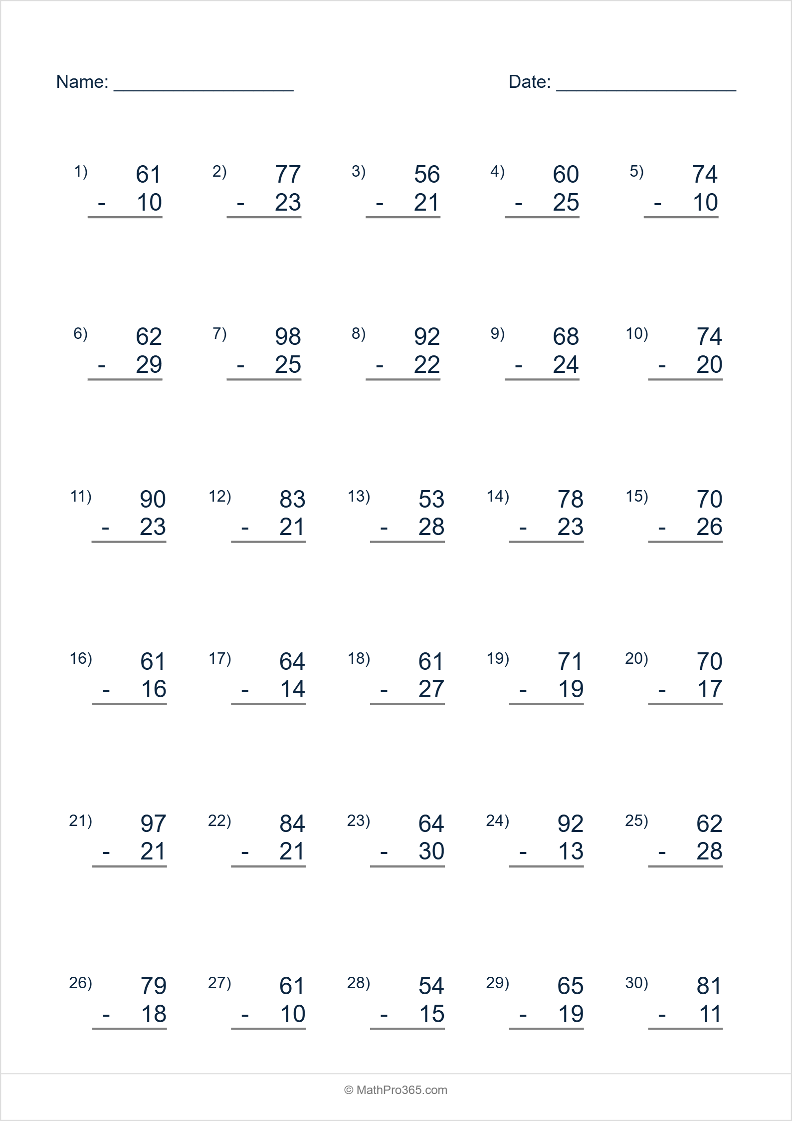 2 Digit (50-99) Minus 2 Digit (10-30) Subtraction Worksheet Grade 2 Sheet 6 Free PDF