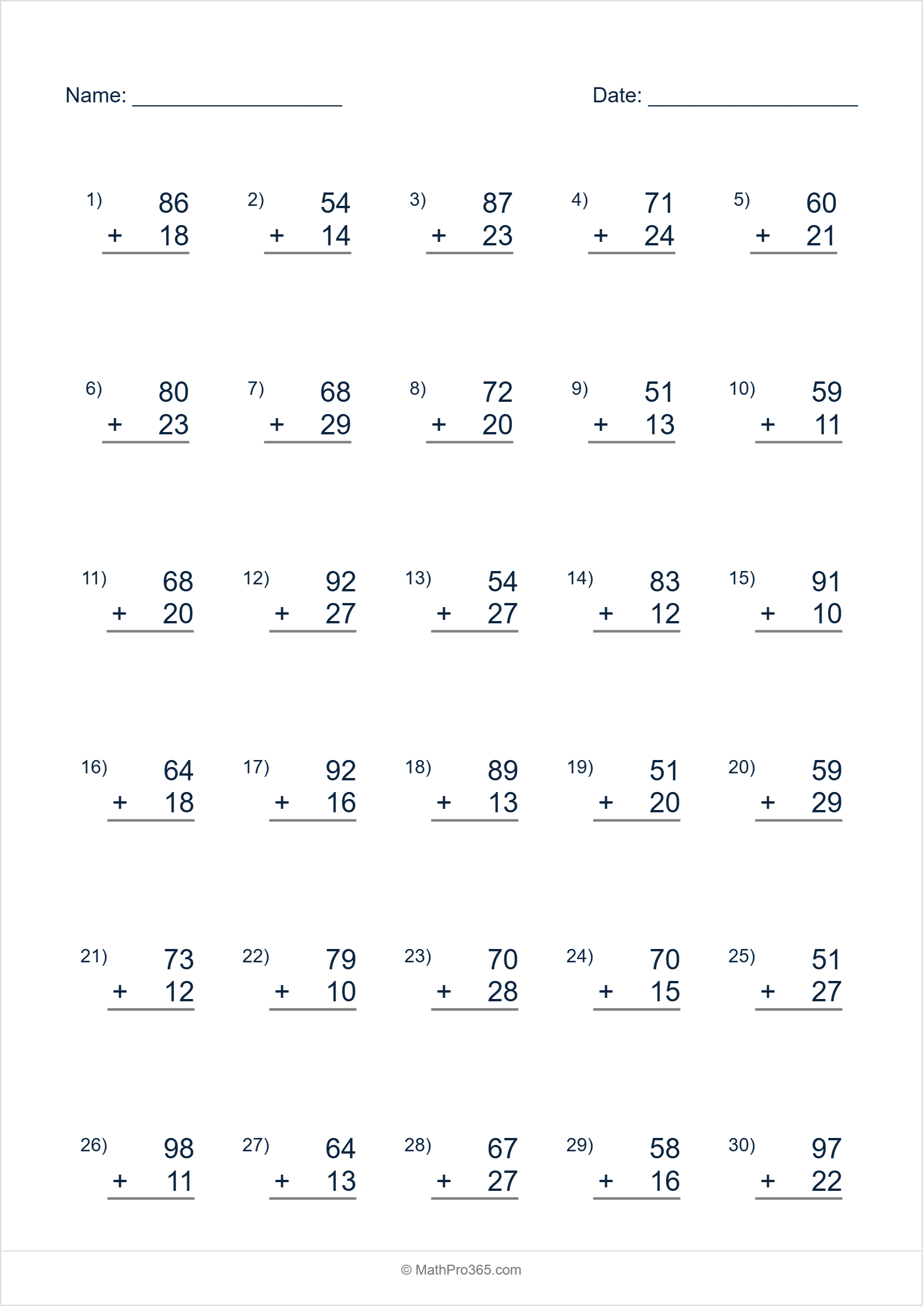 2 Digit (50-99) Plus 2 Digit (10-30) Addition Worksheet Grade 2 Sheet 6 Free PDF