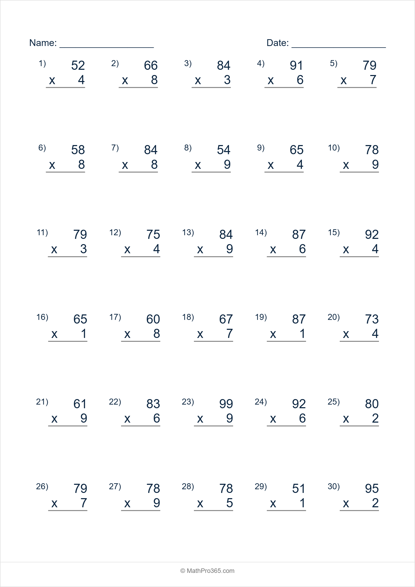 2 Digit (50-99) Times 1 Digit (1-9) Multiplication Worksheet Grade 2 Sheet 6 Free PDF