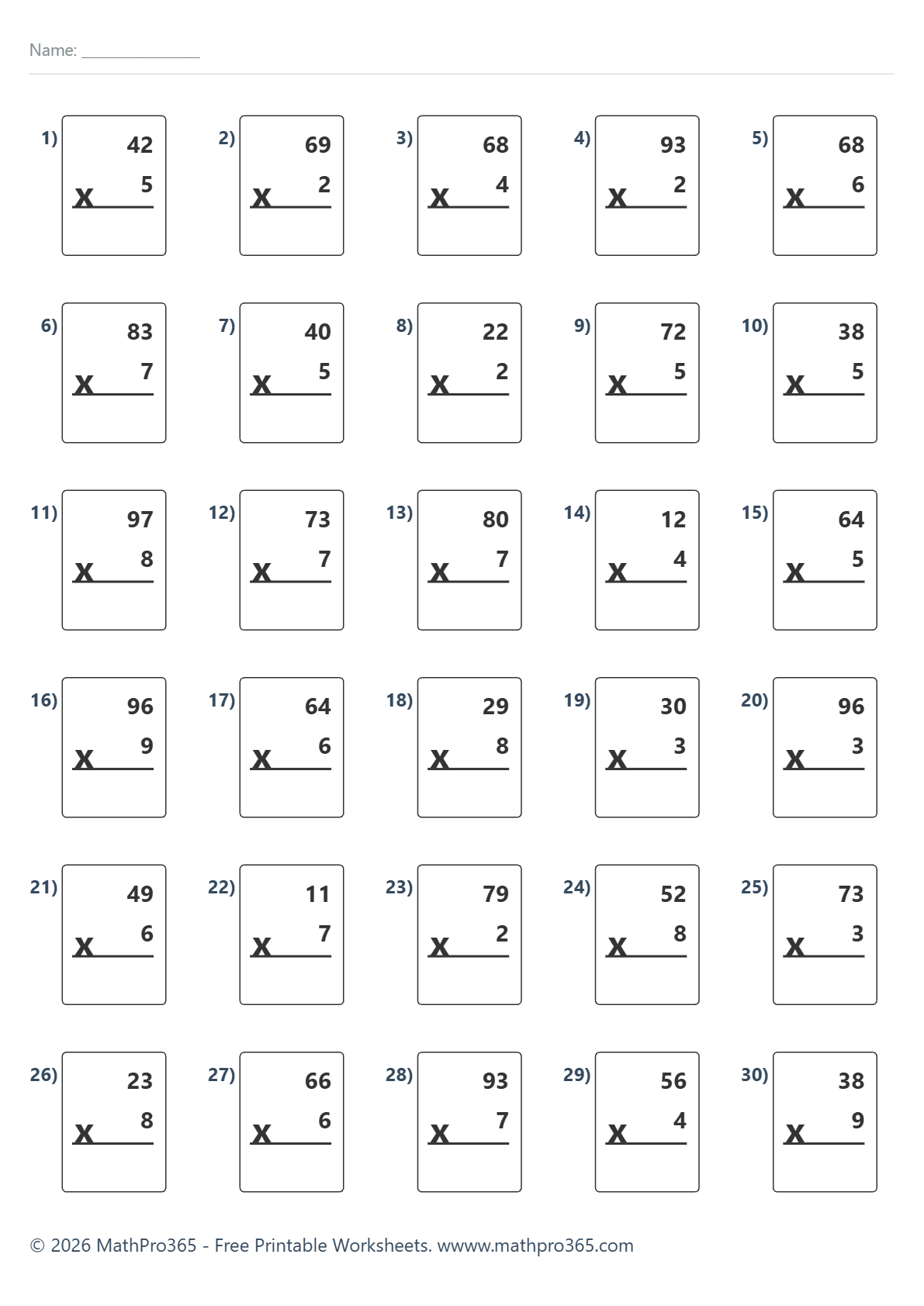 2 Digit by 1 Digit Multiplication Worksheet Grade 3 Free PDF