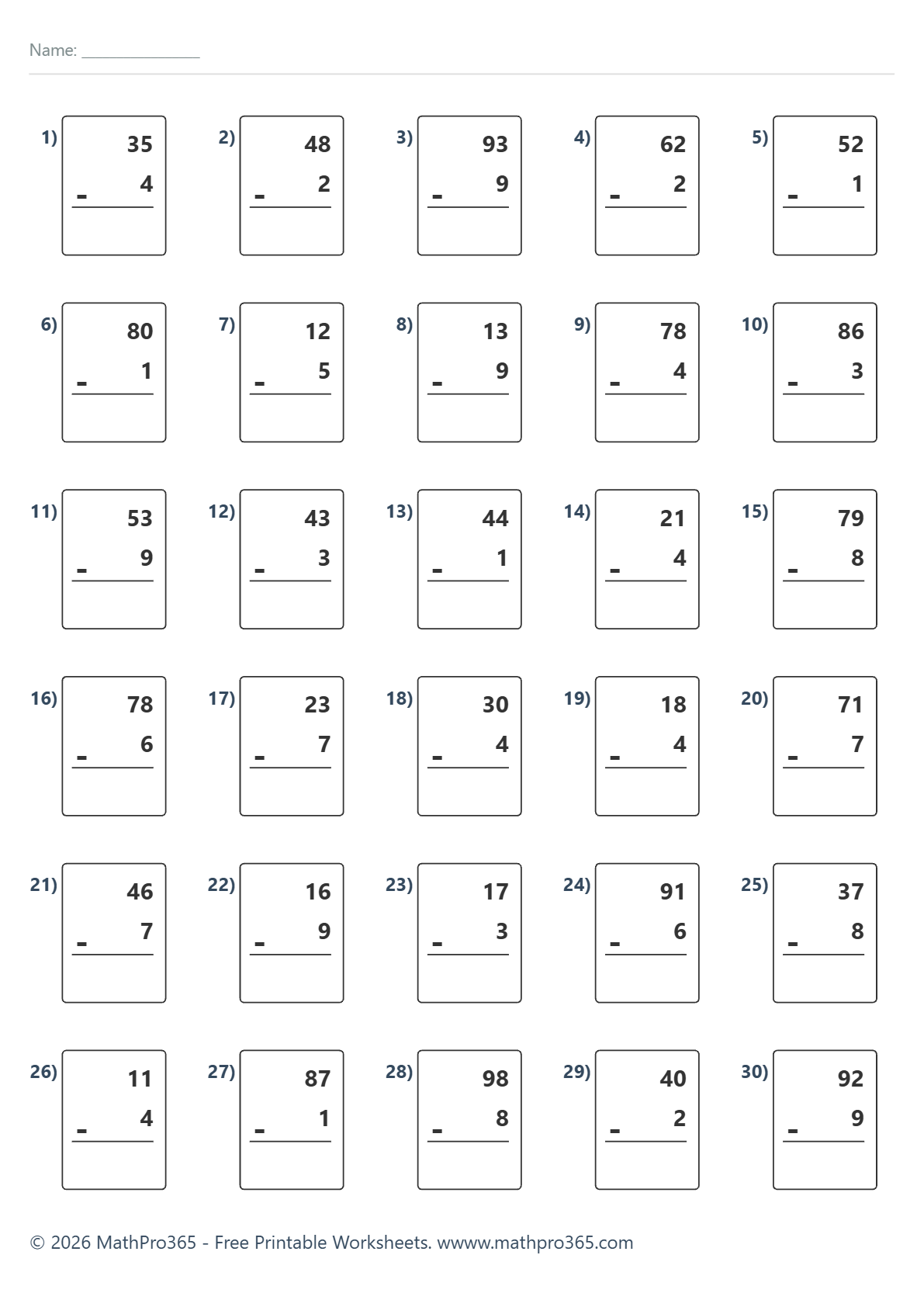 2 Digit Minus 1 Digit Subtraction Worksheet Grade 1 Free PDF