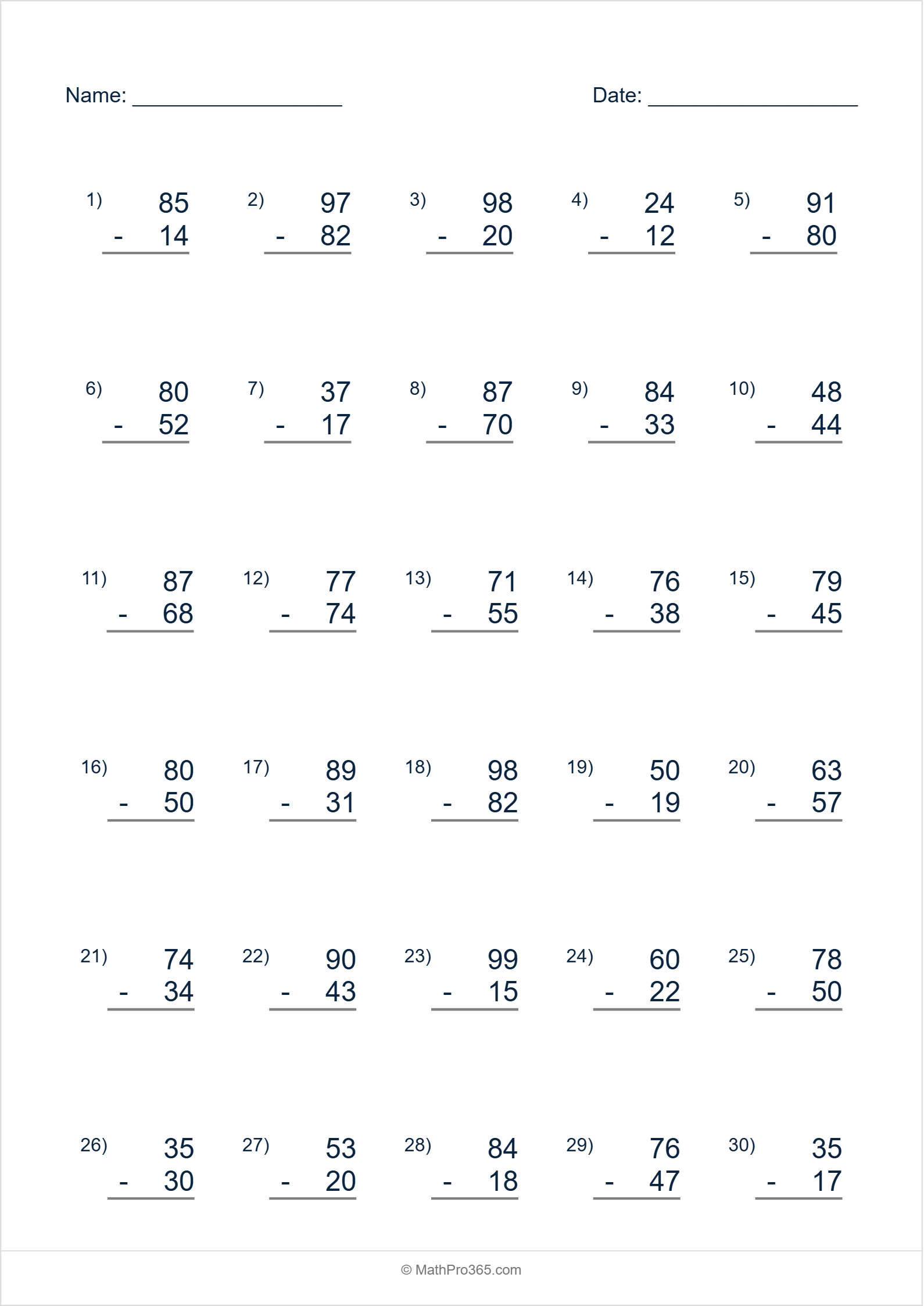 2 Digit Minus 2 Digit Subtraction Worksheet Grade 2 Free PDF