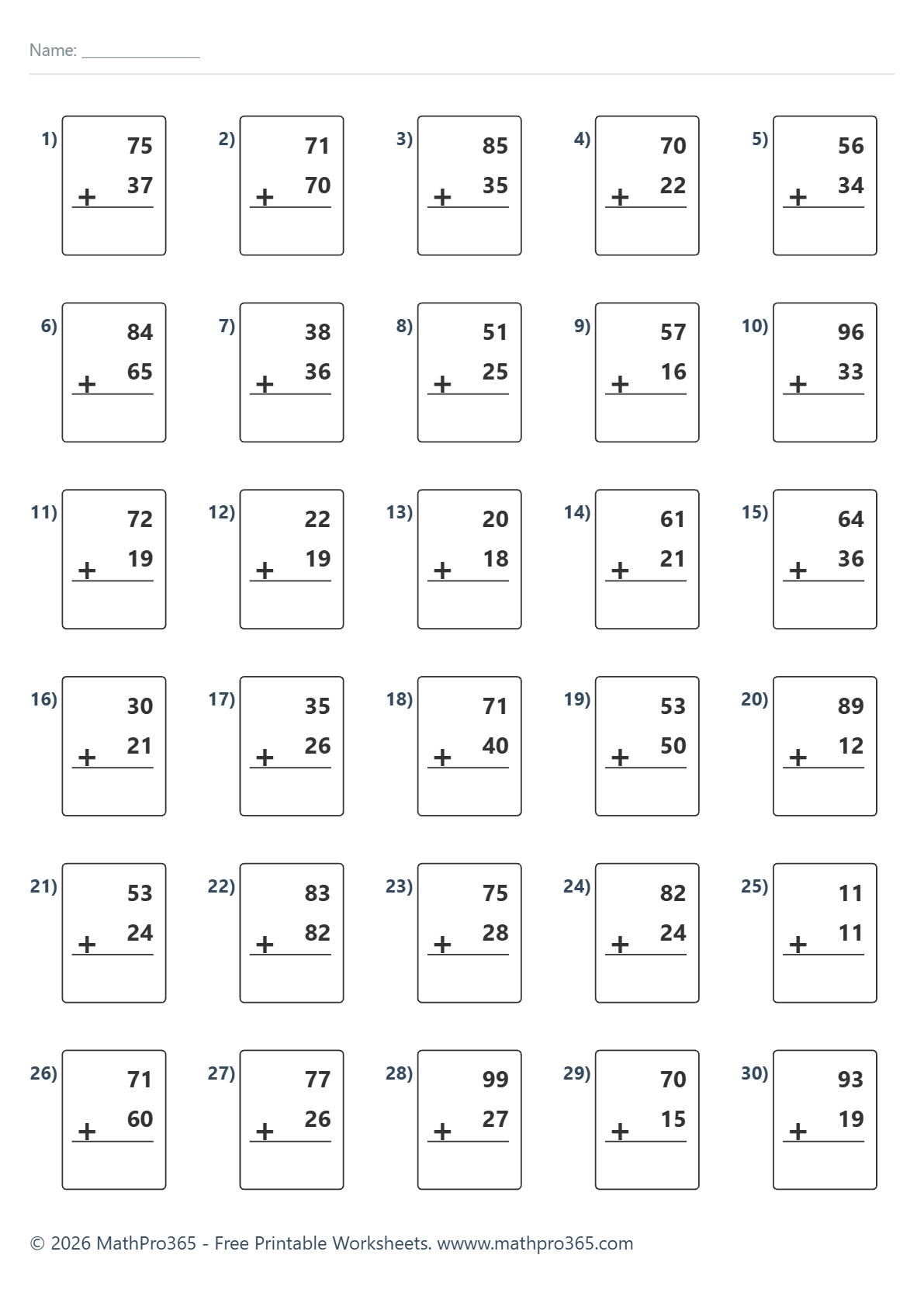 2 Digit Plus 2 Digit Addition Worksheet Grade 2 Free PDF