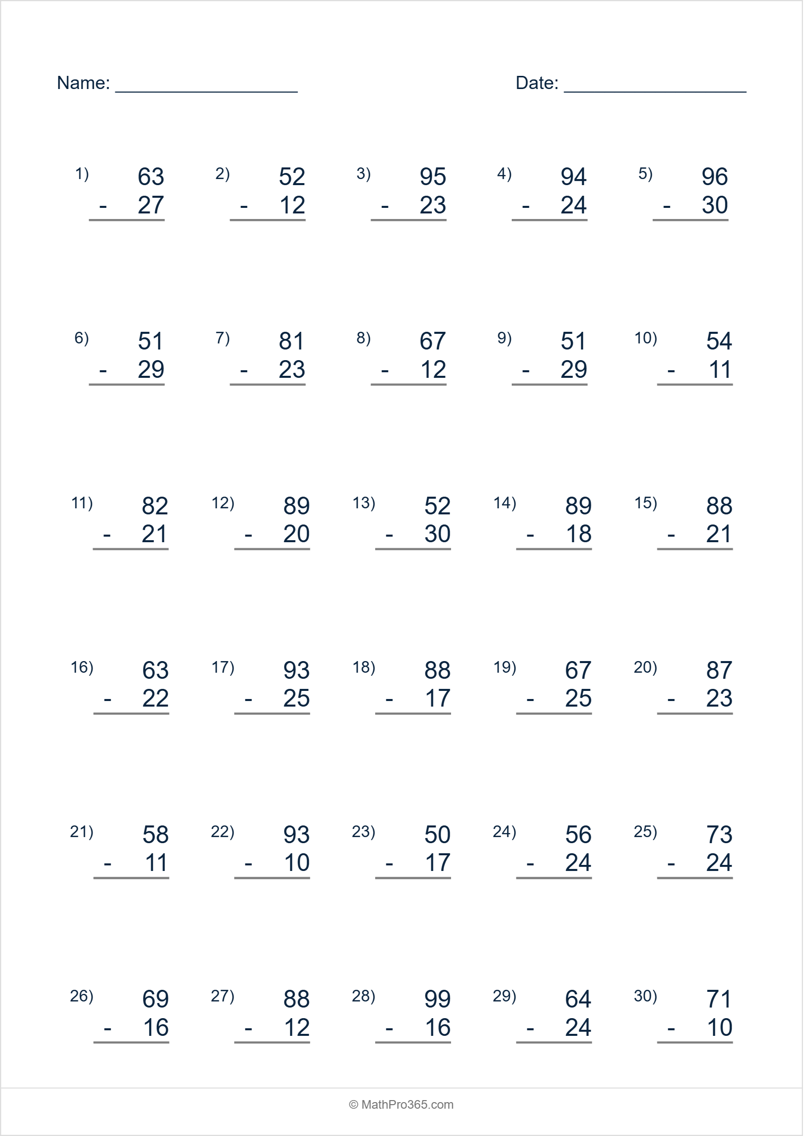 2-Digit Subtraction Practice Worksheet Grade 2 Free PDF