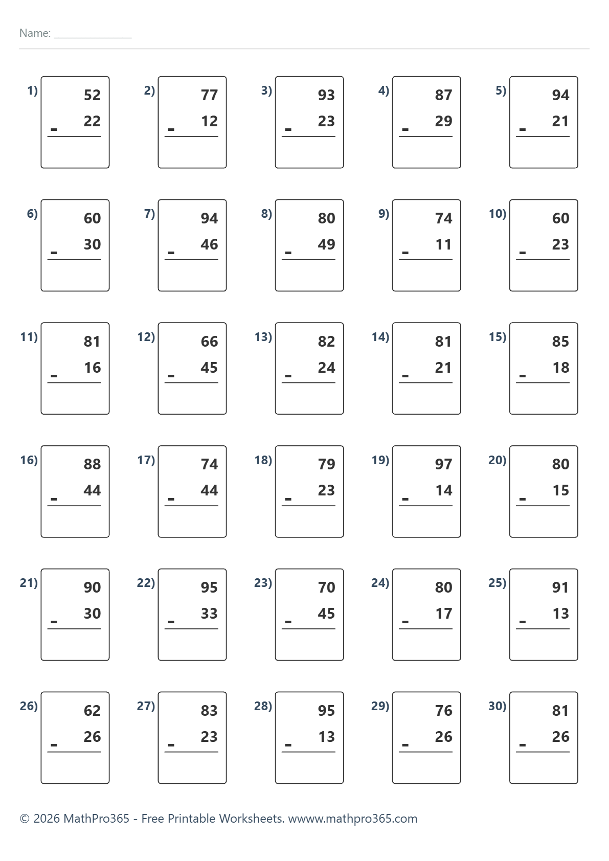 2-Digit Subtraction with Regrouping Grade 2 Free PDF Worksheet
