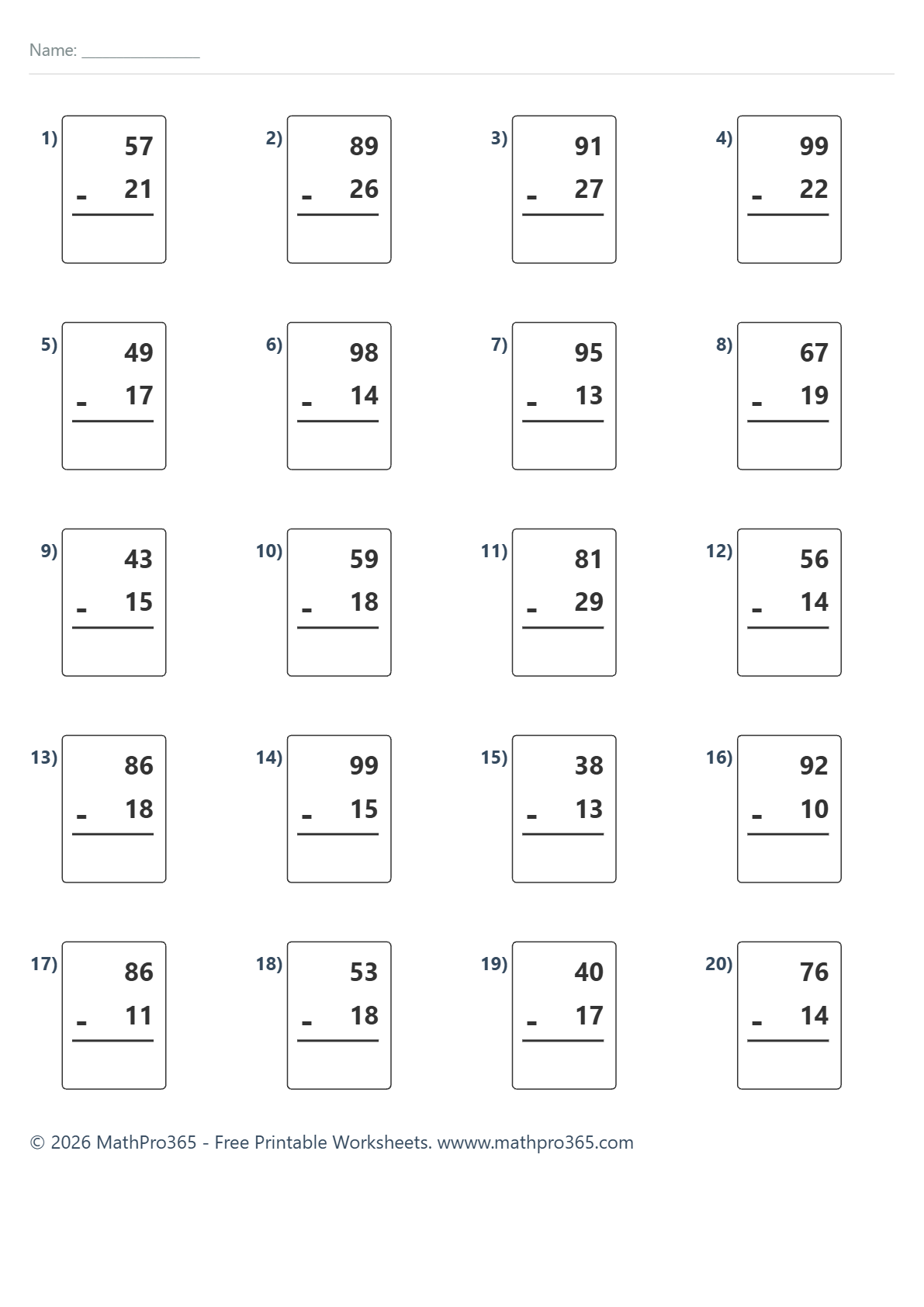 2 Digit Subtraction Without Regrouping Grade 1 Worksheet Free PDF