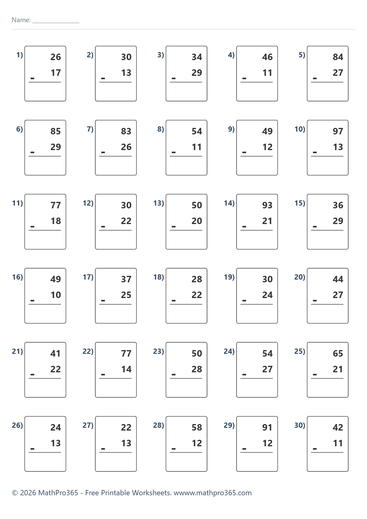 2-Digit Subtraction Without Regrouping Grade 1 Free PDF