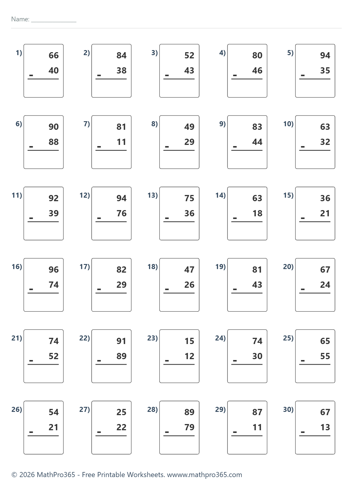Double Digit Subtraction No Borrowing Worksheets Grade 2 – Free PDF