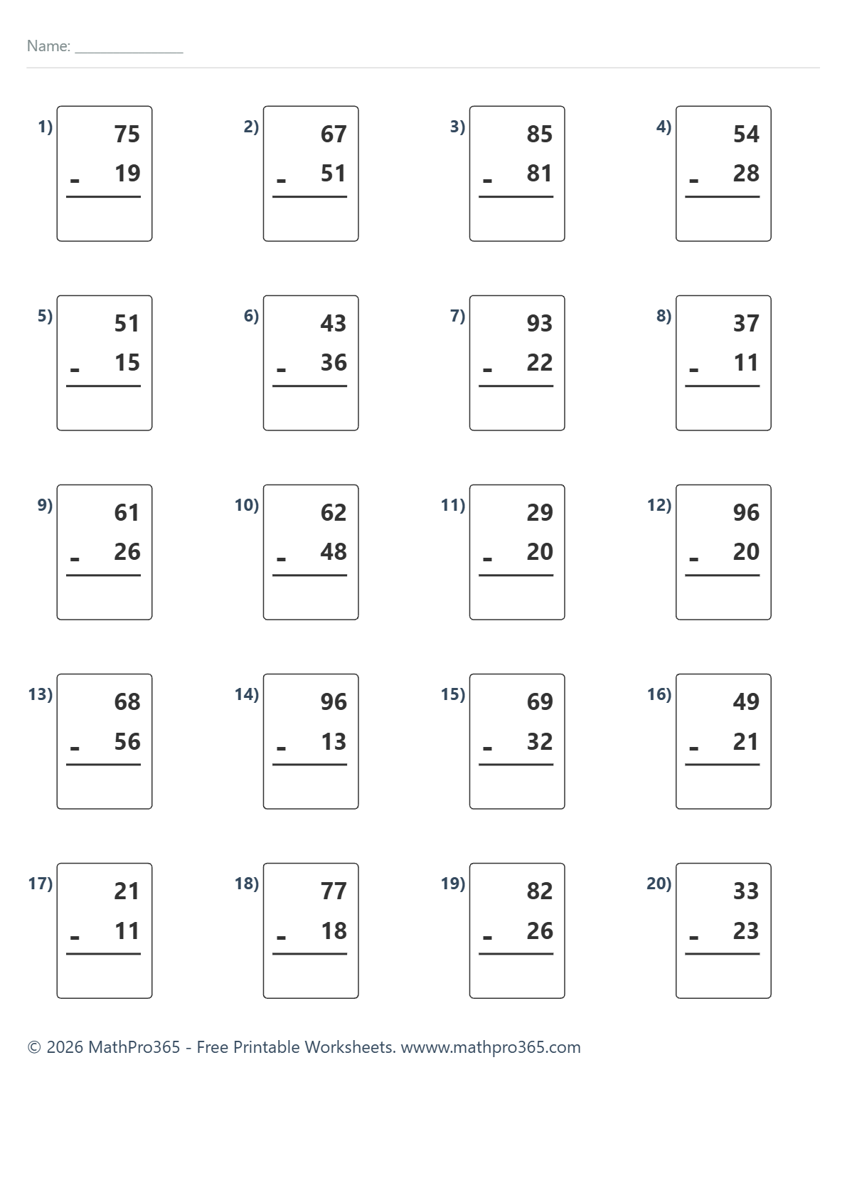 2-Digit Subtraction Without Regrouping Within 100 Worksheet Grade 2 Free PDF