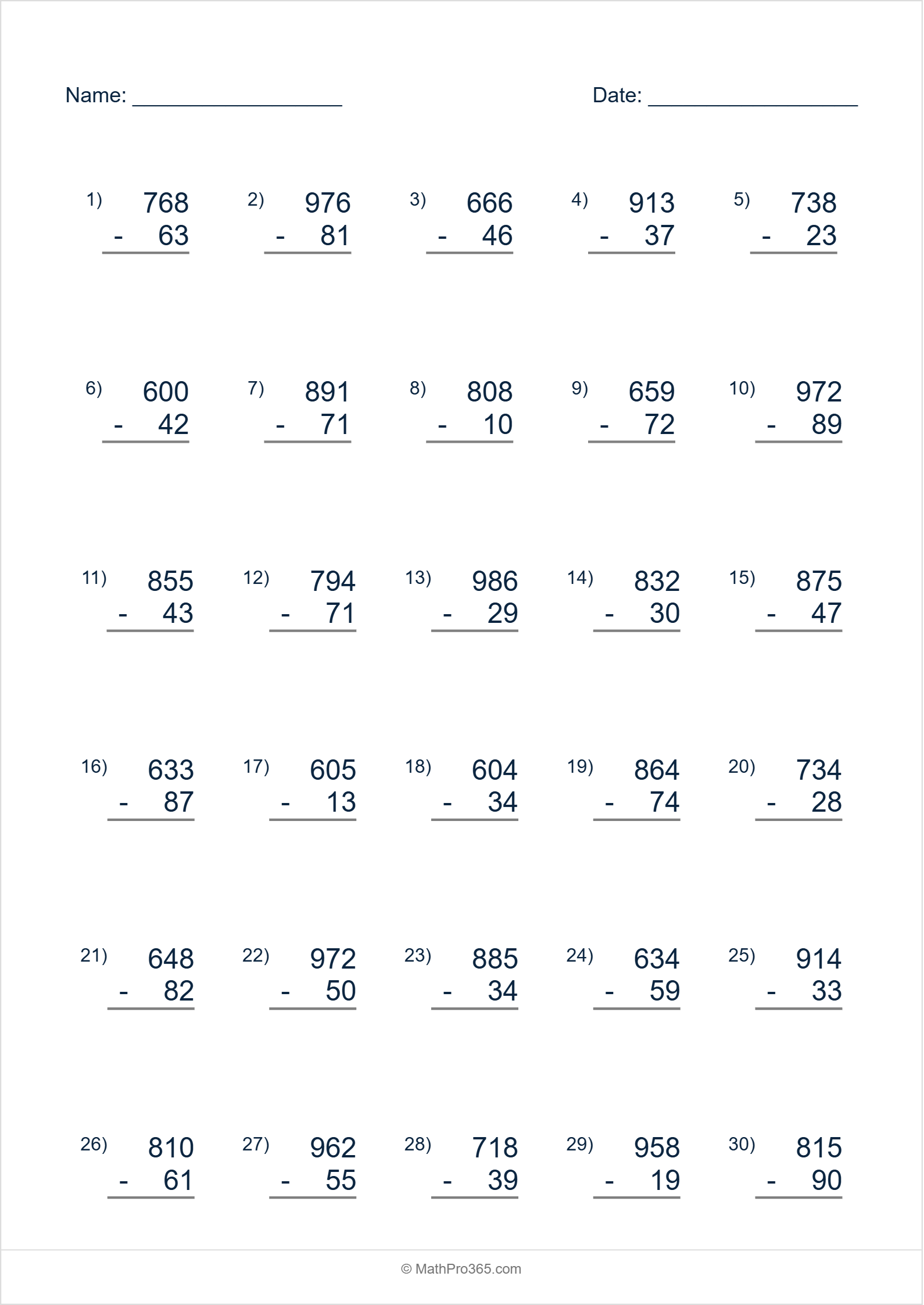 3 Digit (600-999) Minus 2 Digit (10-99) Subtraction Worksheet Grade 2 Sheet 3 Free PDF