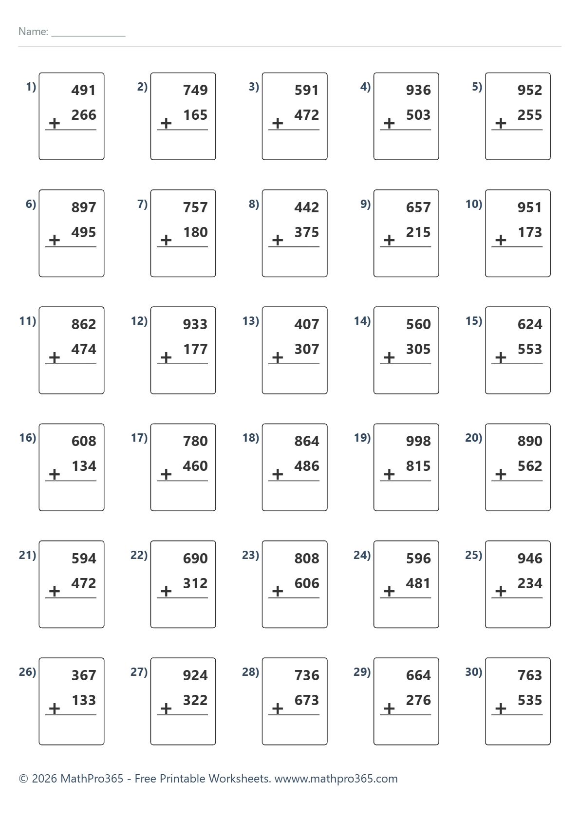 3-Digit Addition with Regrouping Worksheets (30 Problems)