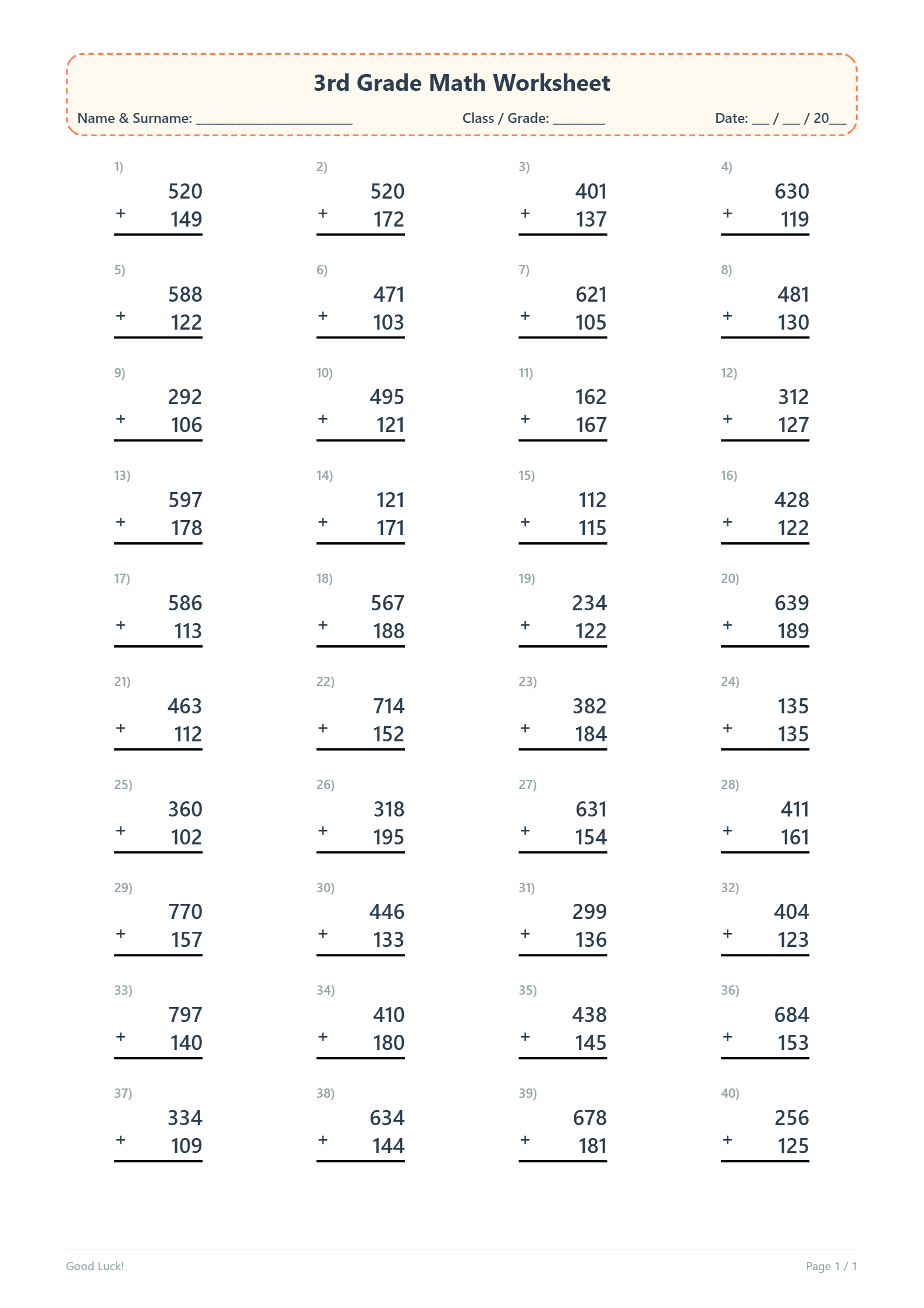 3 Digit Addition Worksheet Grade 3 Free PDF