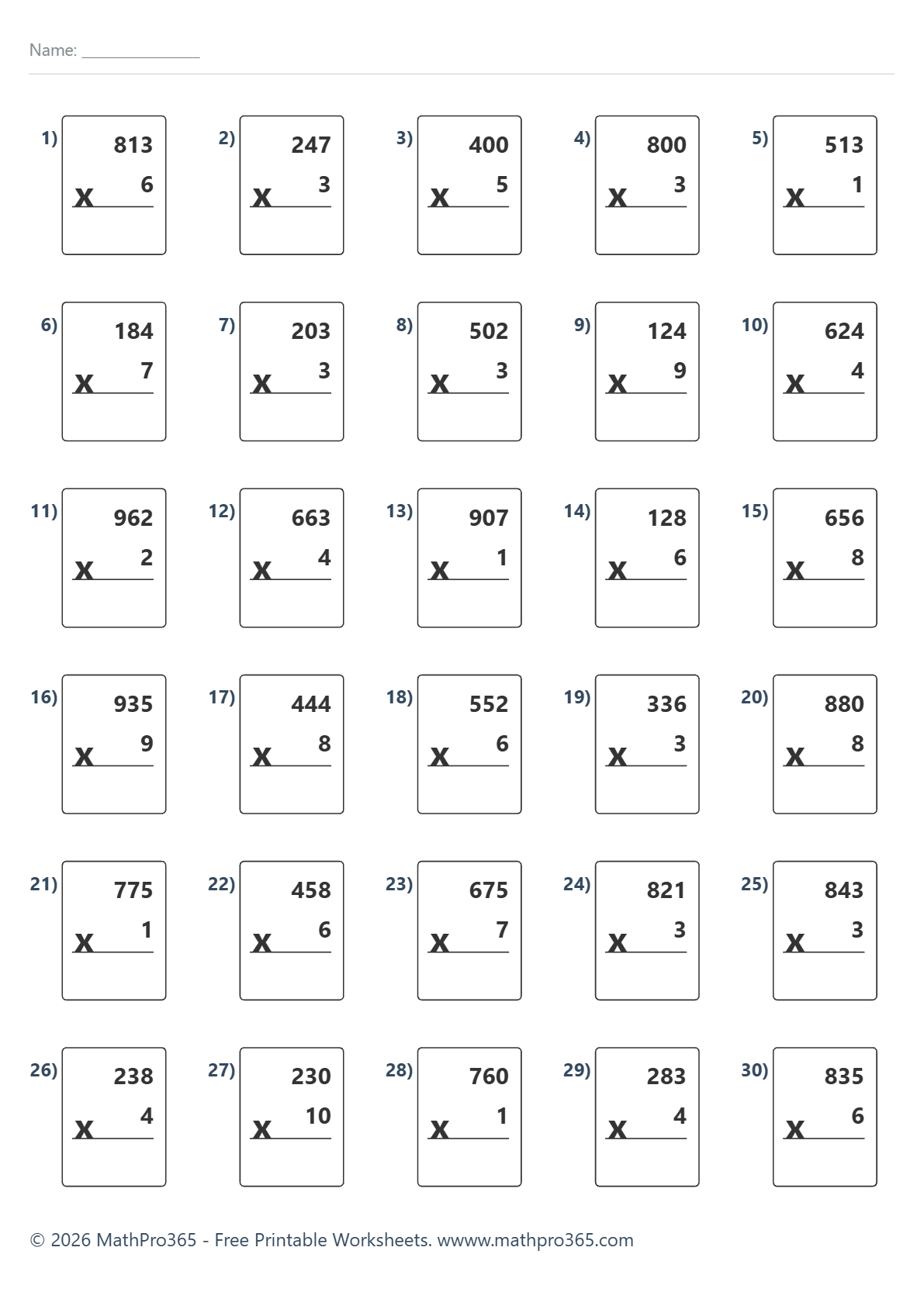 3 Digit by 1 Digit Multiplication Worksheets Grade 3 Free PDF