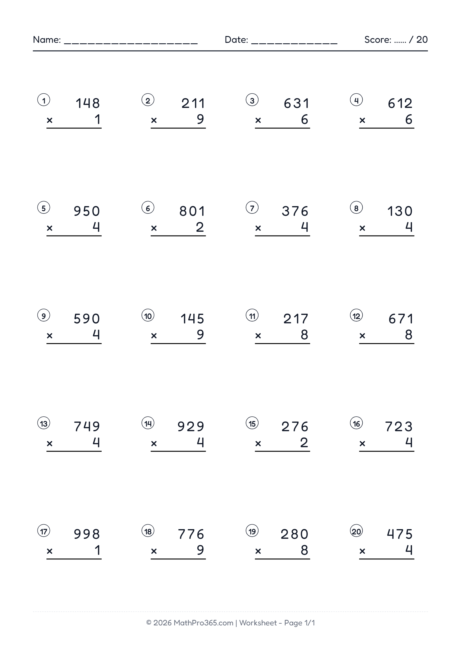 3-Digit by 1-Digit Multiplication Practice Worksheet