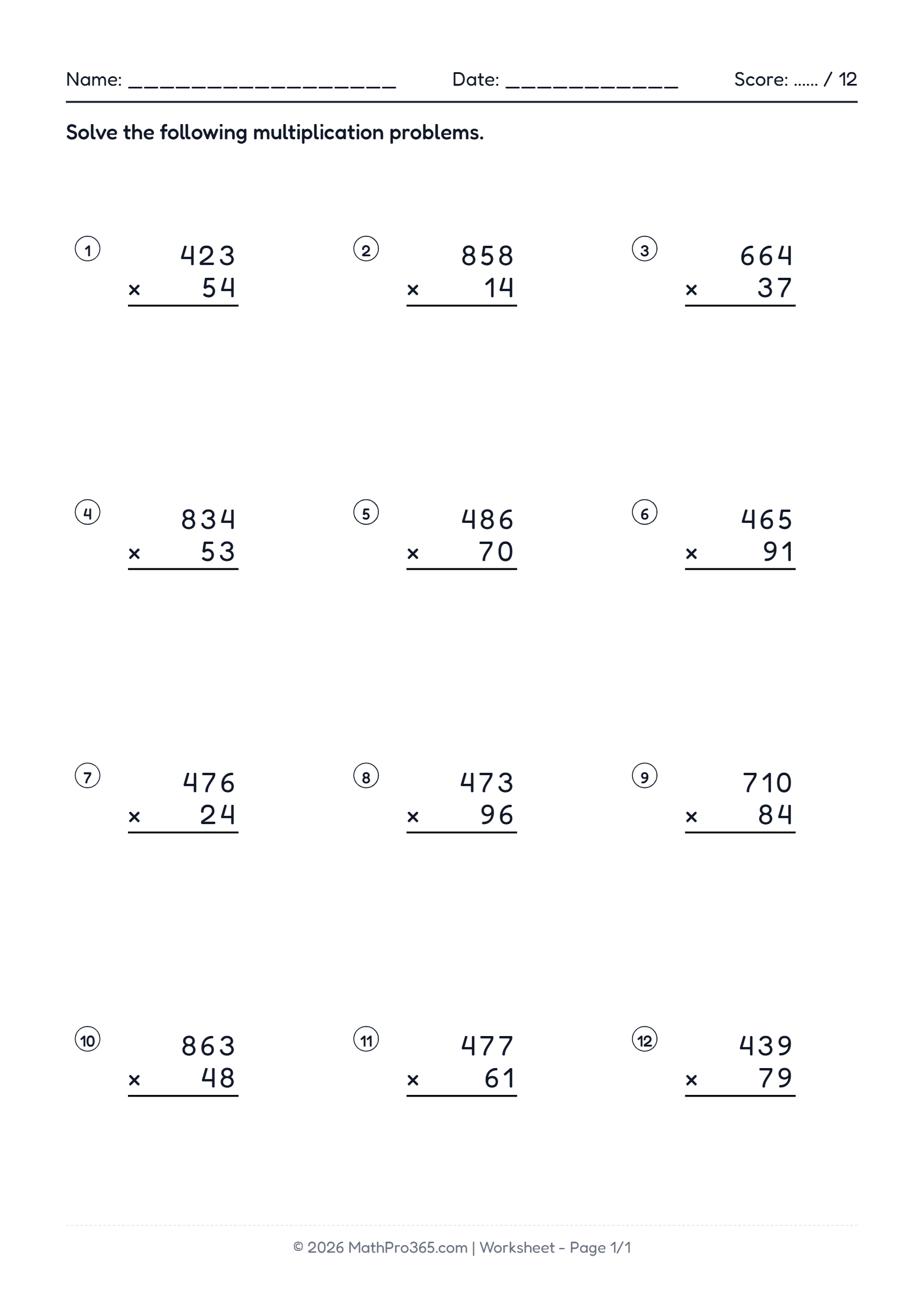 3-Digit by 2-Digit Multiplication Practice Worksheet