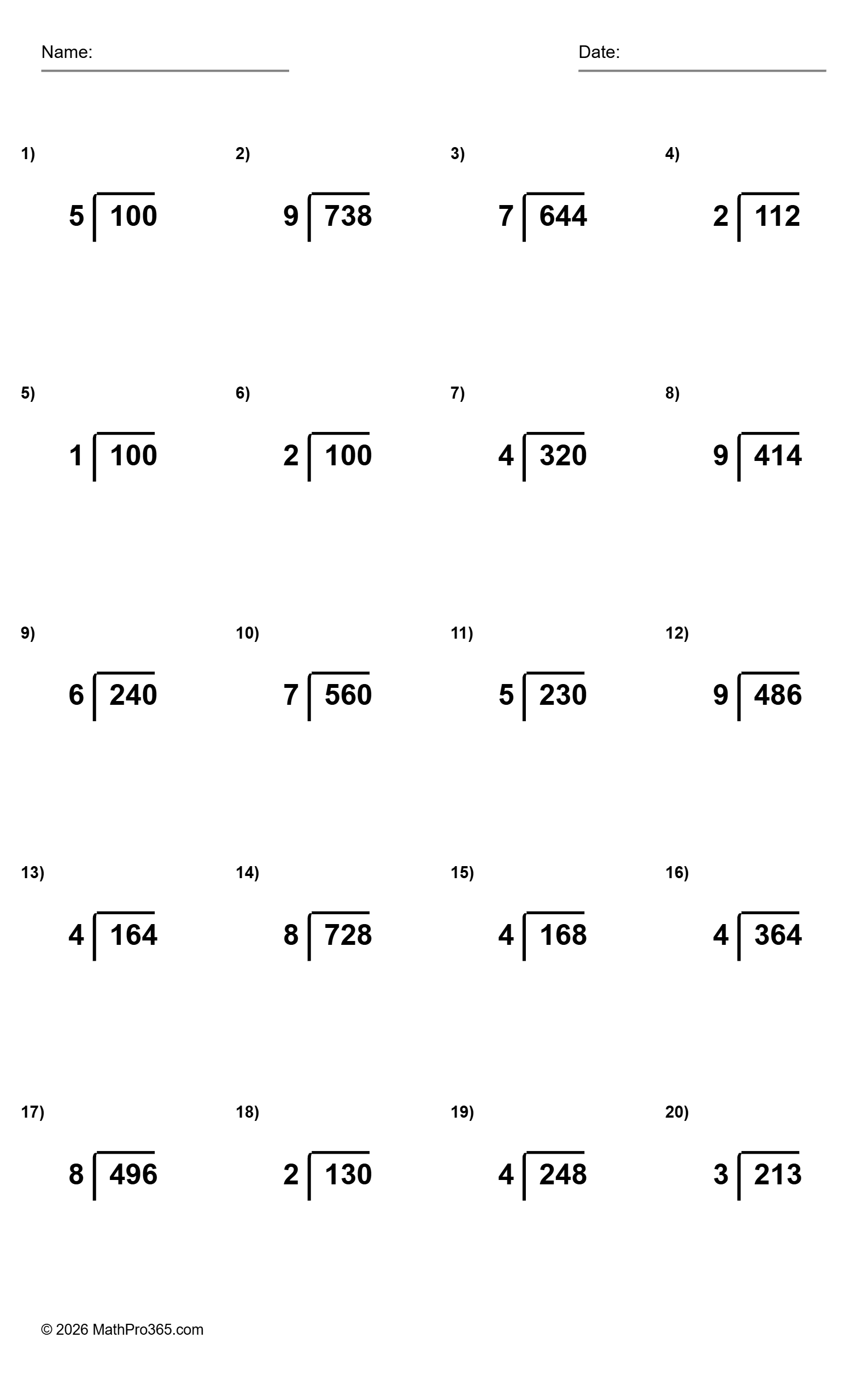 3 Digit Divided By 1 Digit Division Worksheet Grade 3 Free PDF