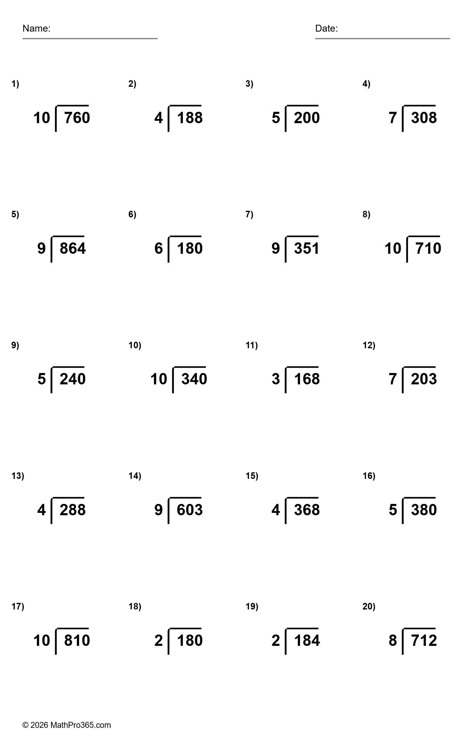 3-Digit Division by 1-Digit Divisors Worksheet Grade 4 Free PDF