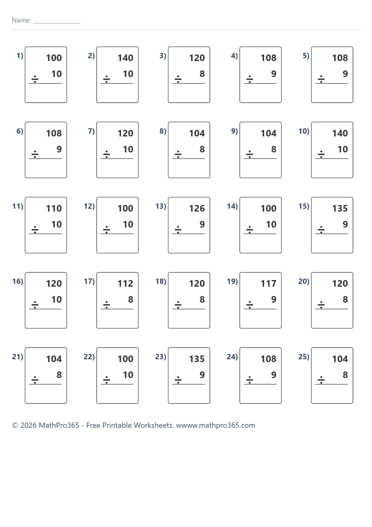 3-Digit Division with Divisors 8 9 and 10 Grade 3 Free PDF