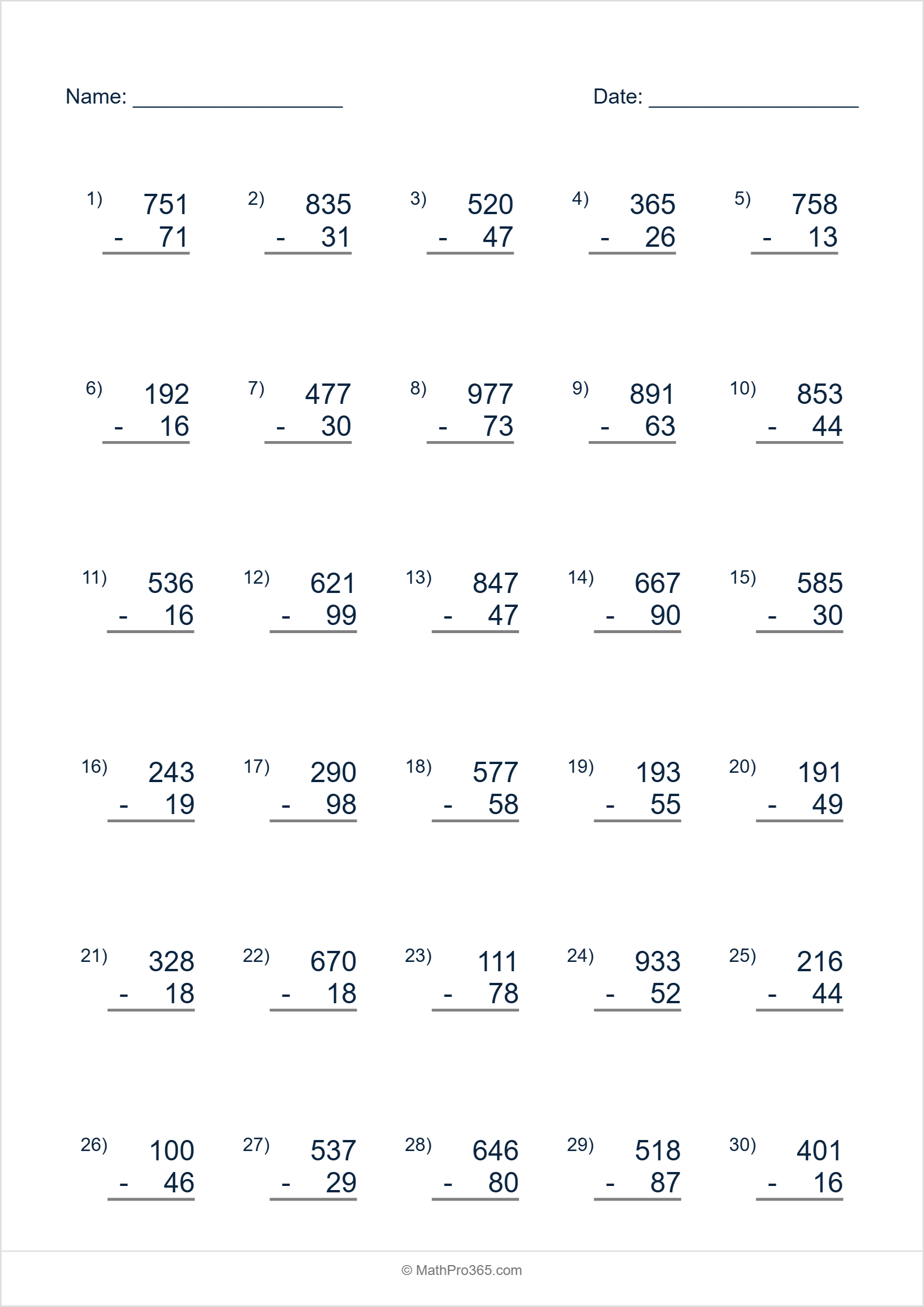 3 Digit Minus 2 Digit Subtraction Worksheet Grade 2 Free PDF