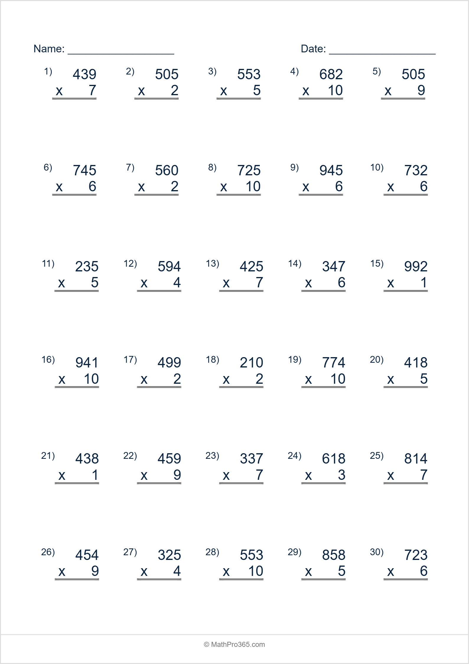 3-Digit Multiplication Worksheet | MathPro365 (10 pages)