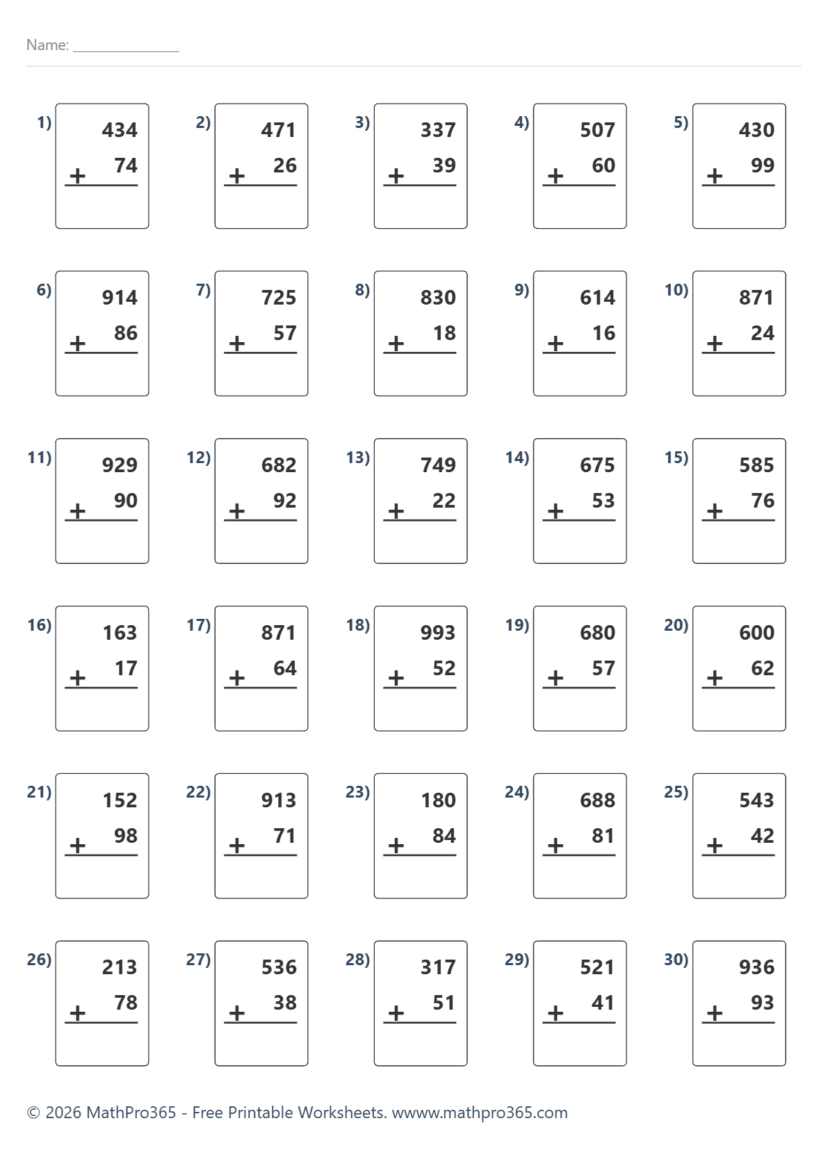 3 Digit Plus 2 Digit Addition Worksheets (Free PDF)