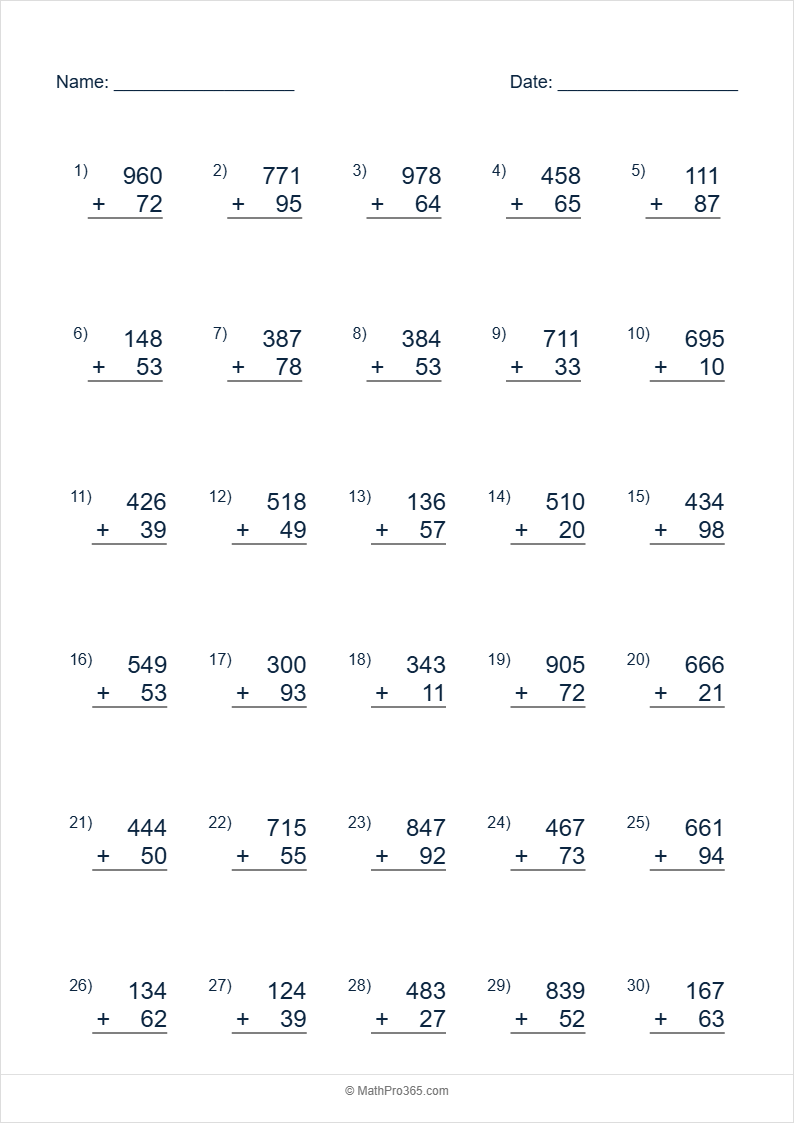 3 Digit Plus 2 Digit Addition Worksheet Grade 2 Free PDF