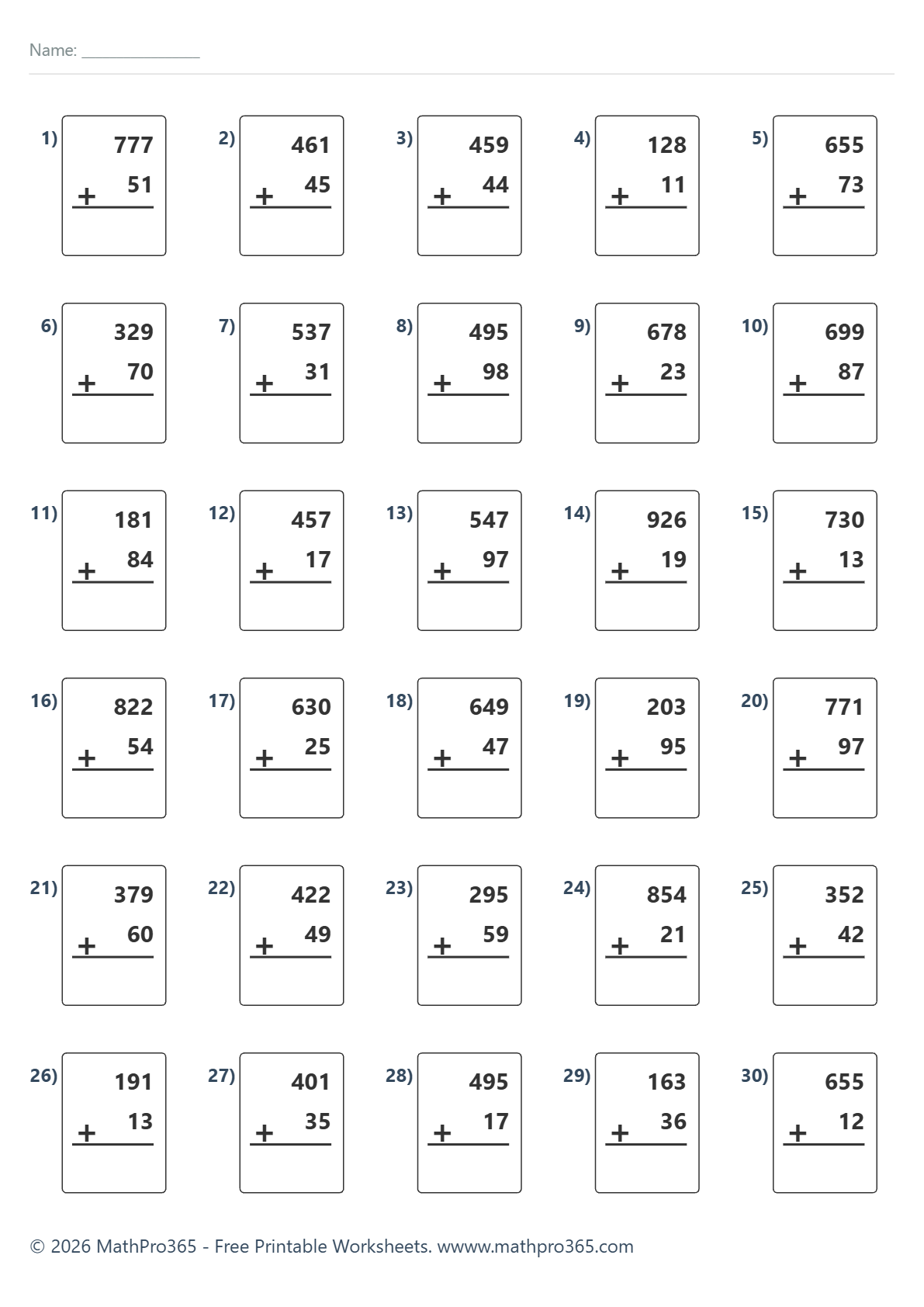 3 Digit + 2 Digit Addition Worksheets (Grade 2 PDF)
