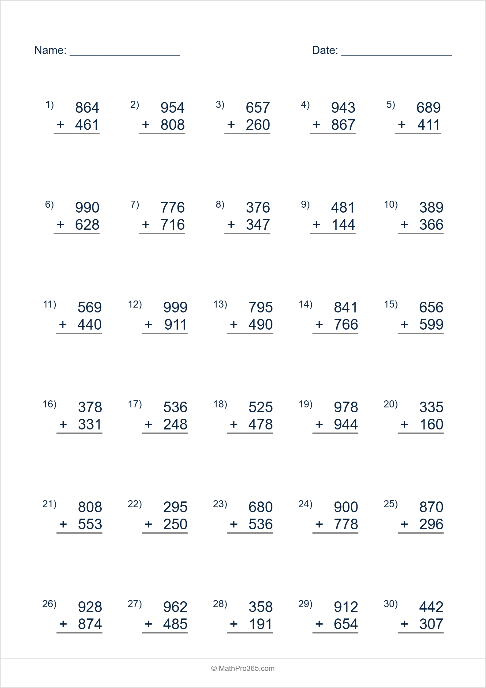 3 Digit Plus 3 Digit Addition Worksheet Grade 3 Free PDF