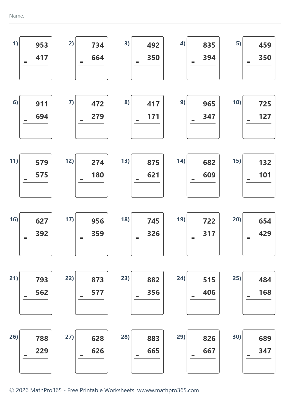 3 Digit Subtraction with Regrouping Worksheets Grade 3 Free PDF