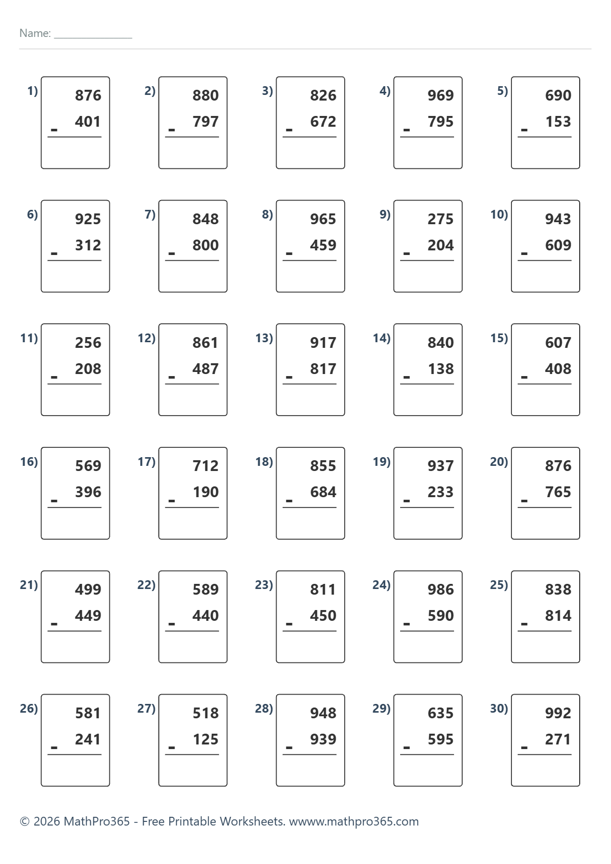 3 Digit Subtraction Without Regrouping Grade 3 Free PDF
