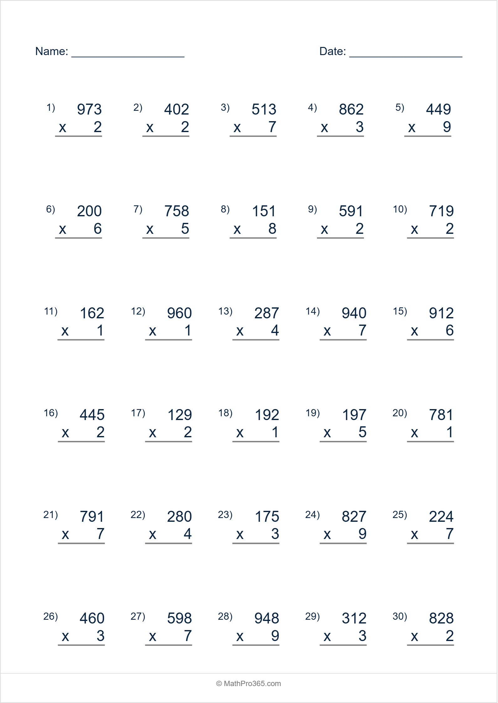 3 Digit Times 1 Digit Multiplication Worksheet Grade 3 Free PDF