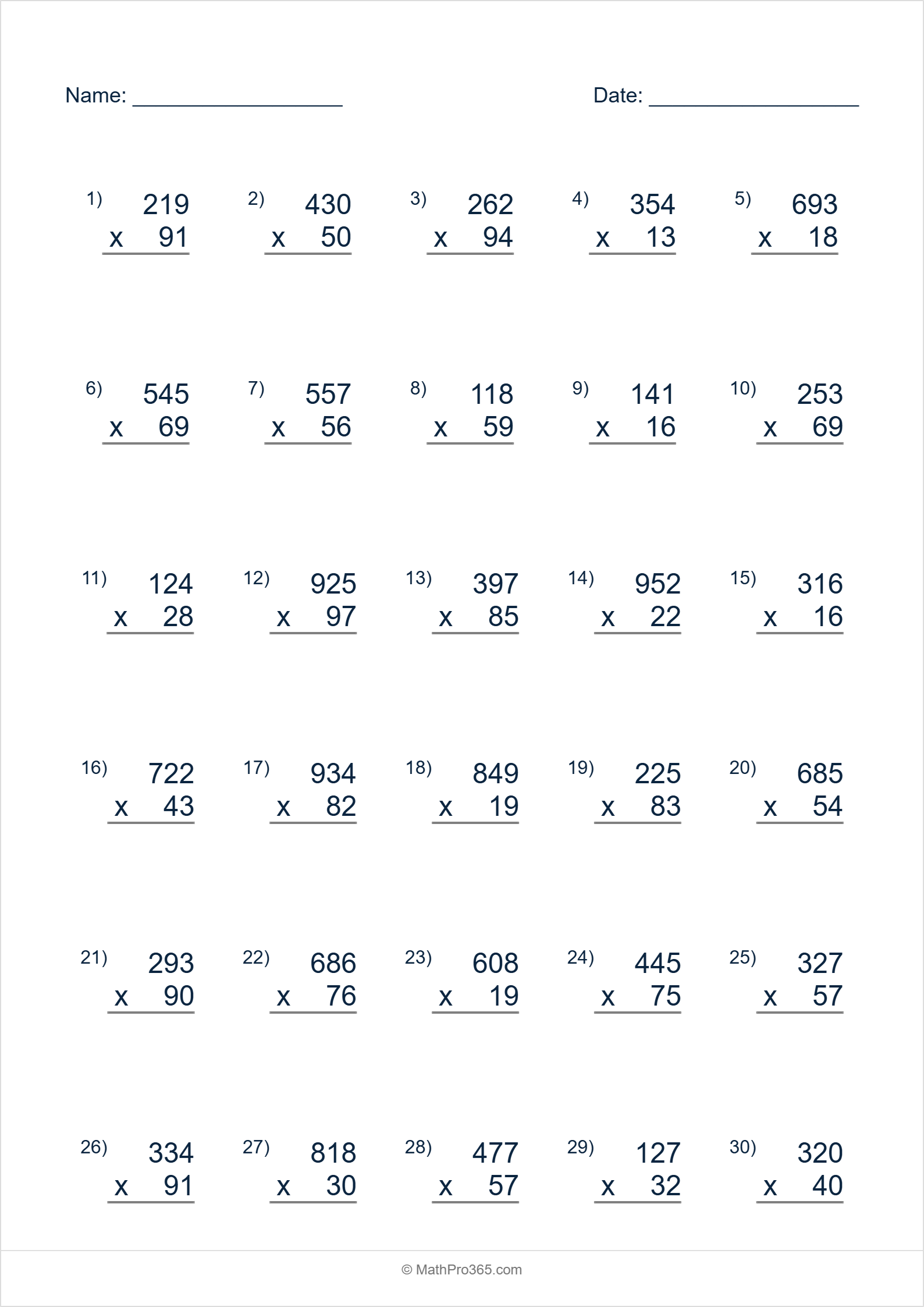 3 Digit Times 2 Digit Multiplication Worksheet Grade 4 Free PDF