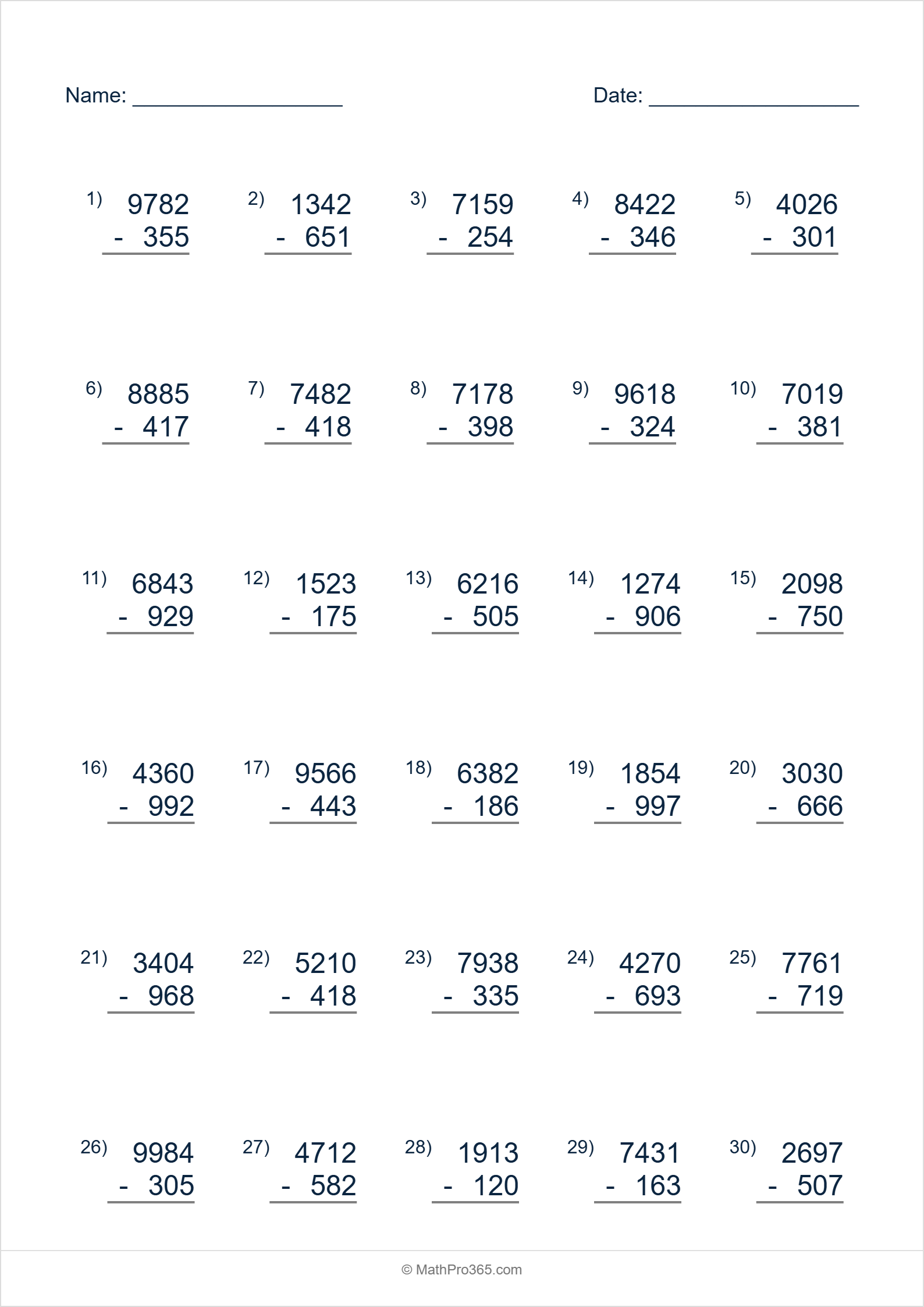 4 Digit Minus 3 Digit Subtraction Worksheet Grade 3 Free PDF