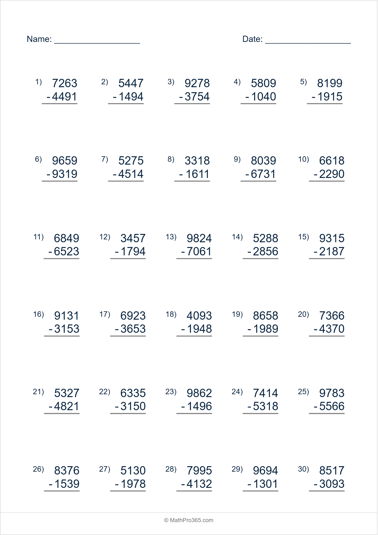4 Digit Minus 4 Digit Subtraction Worksheet Grade 4 Free PDF