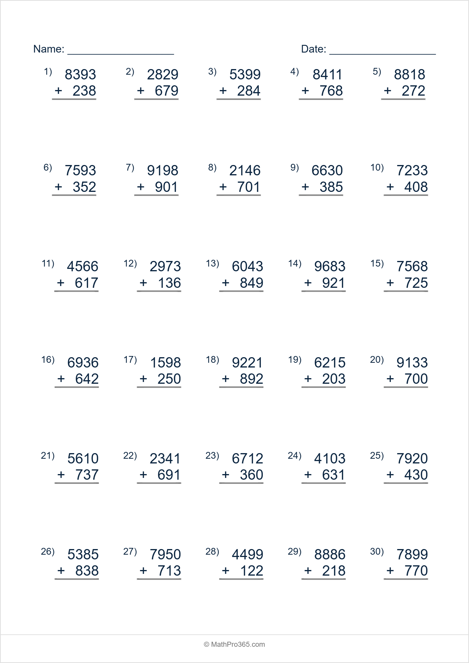 4-Digit Plus 3-Digit Addition Practice Worksheet