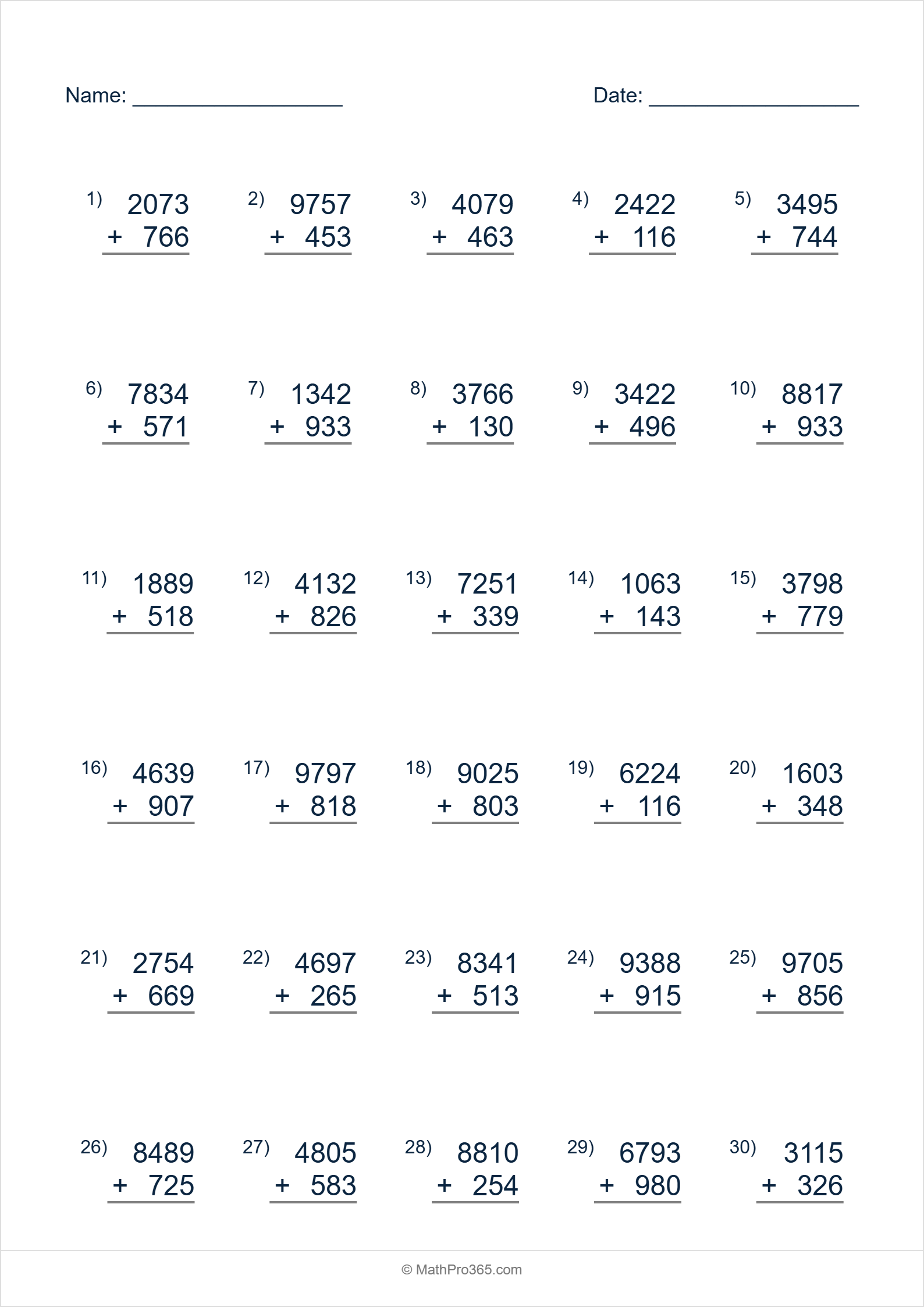4 Digit Plus 3 Digit Addition Worksheet Grade 3 Free PDF