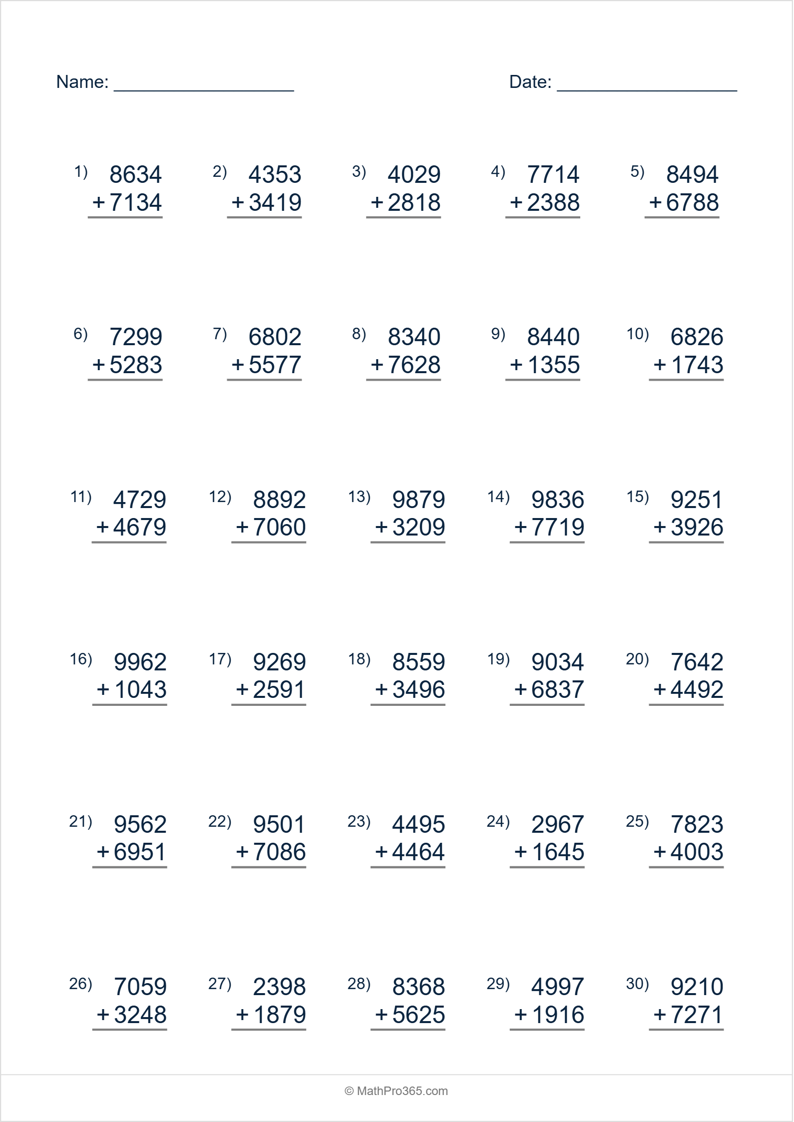 4 Digit Plus 4 Digit Addition Worksheet Grade 4 Free PDF