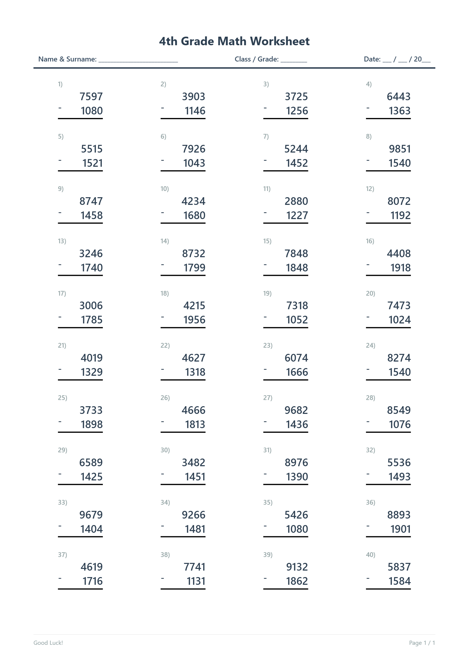 4-Digit Subtraction with Regrouping Grade 4 Free PDF