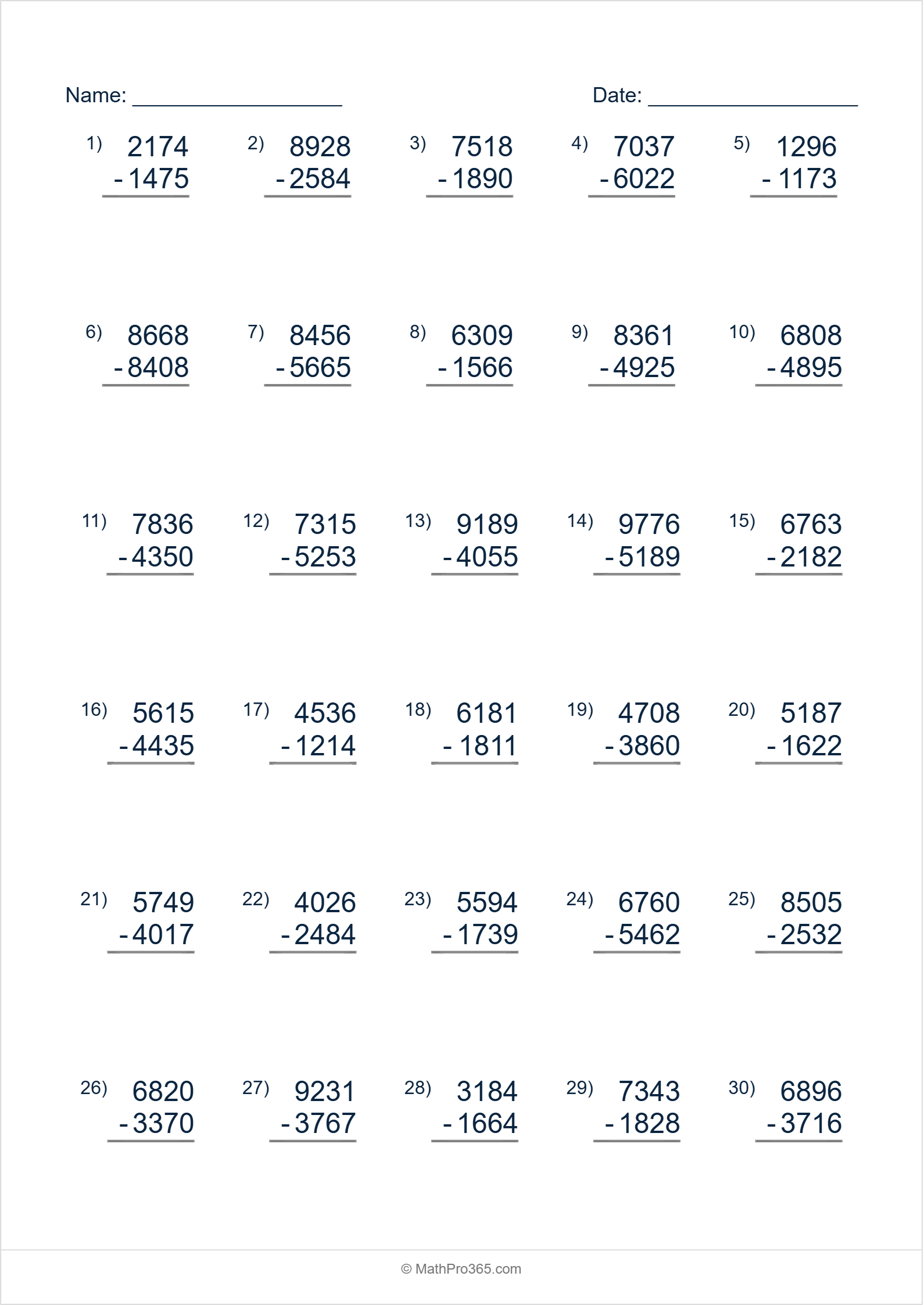 4-Digit Subtraction with Regrouping Worksheet | Free PDF