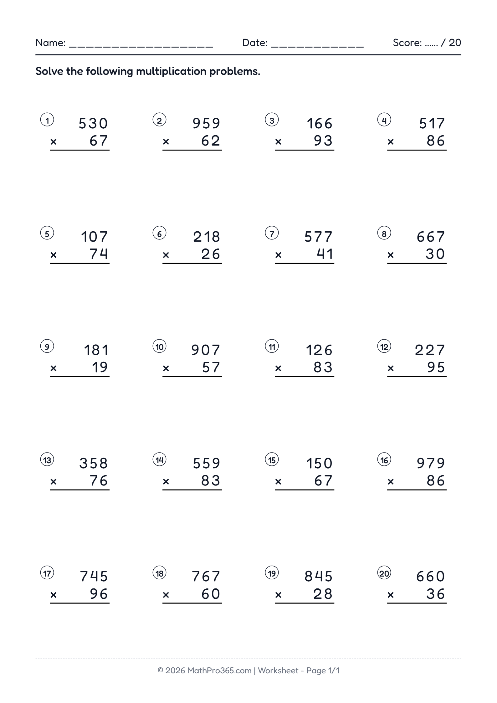 Grade 4 Multiplication: 3-Digit by 2-Digit Worksheets