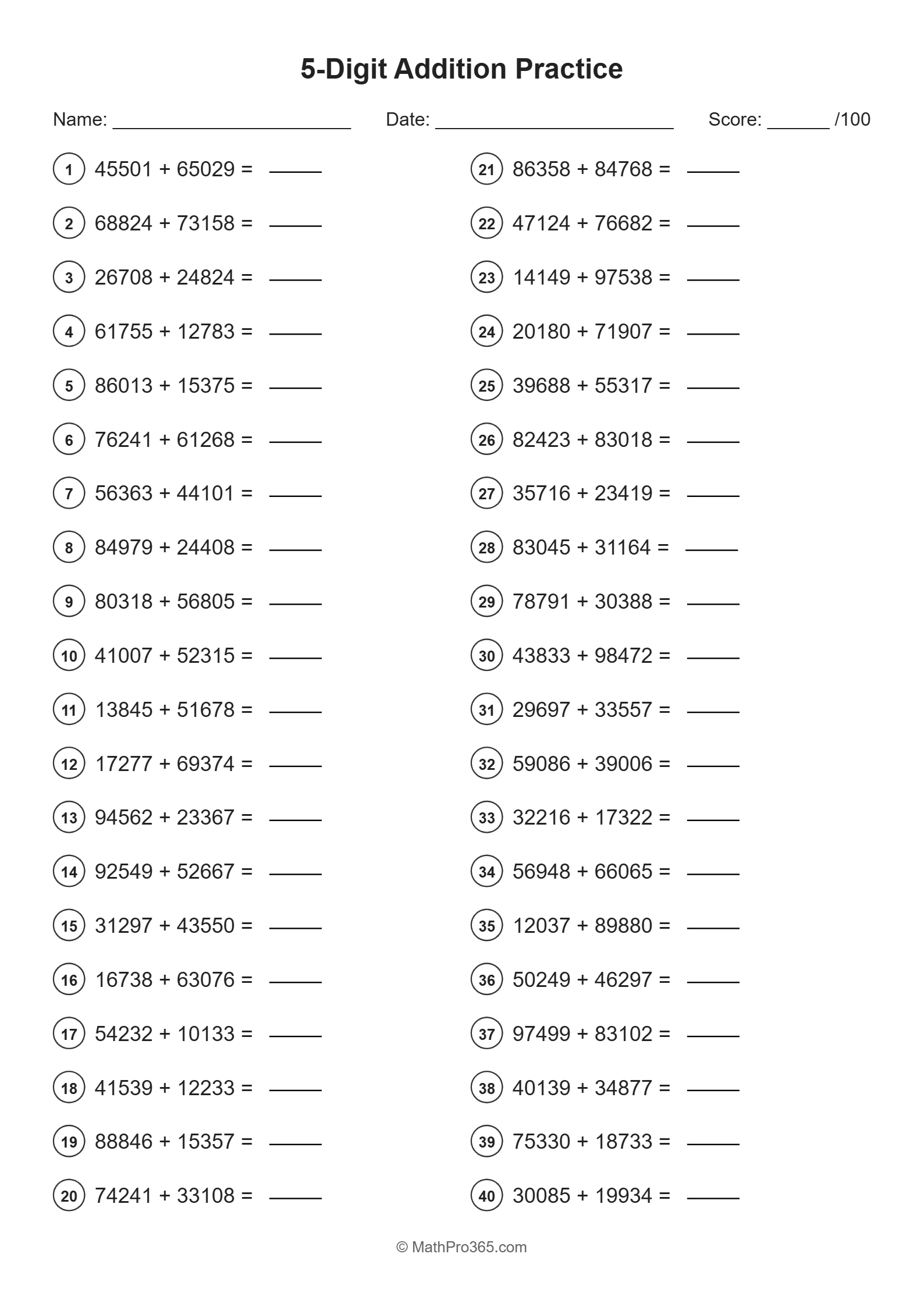 5-Digit Addition Practice: Grade 4 Math Worksheet